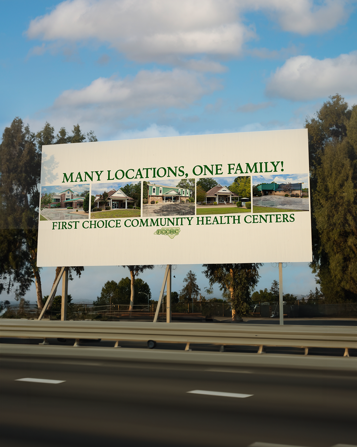 Billboard for First Choice Community Health Centers displaying multiple clinic locations against blue sky. Portrava Creative Studios