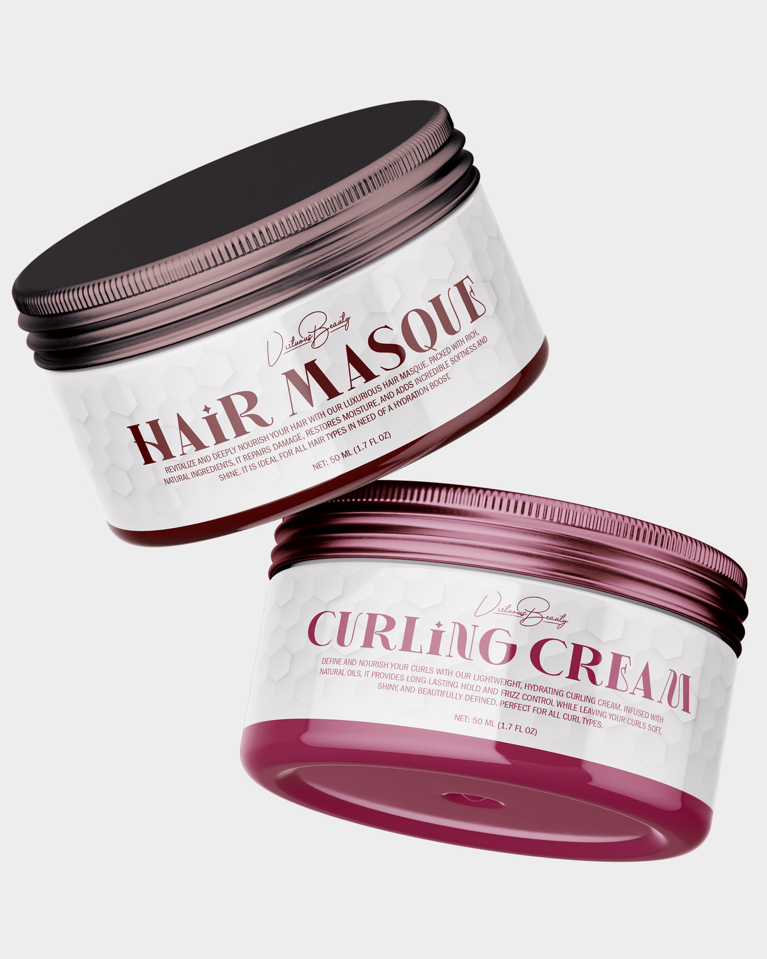 Product photo of two hair care jars with rose gold lids labeled Hair Masque and Curling Cream.