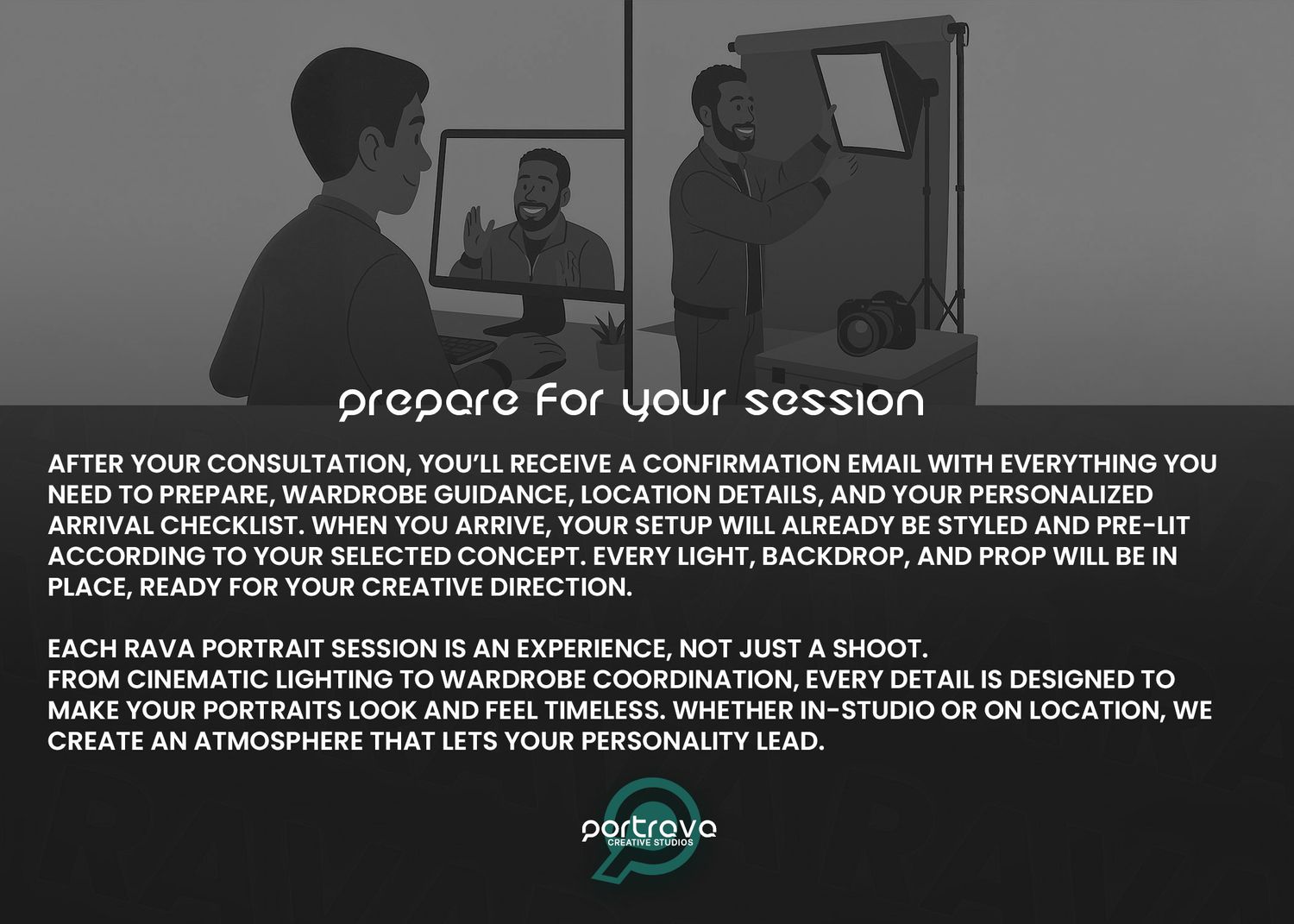 A black and white promotional image showing a photography studio setup with lighting and text about portrait session preparation.