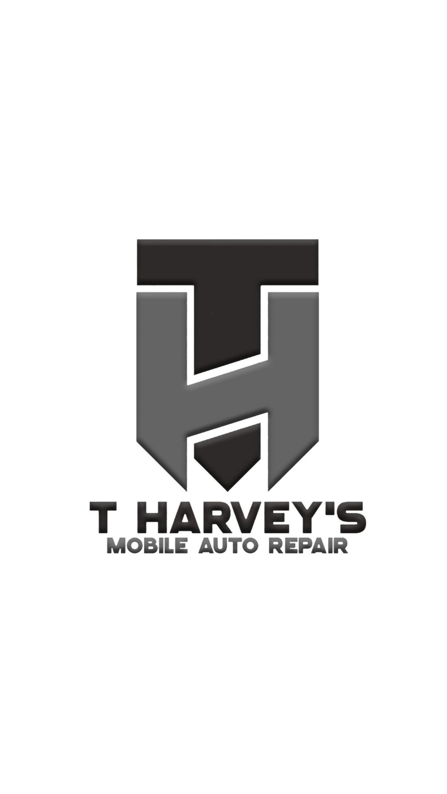 Geometric logo for T Harvey's Mobile Auto Repair with bold TH monogram in black and gray. Portrava Creative Studios