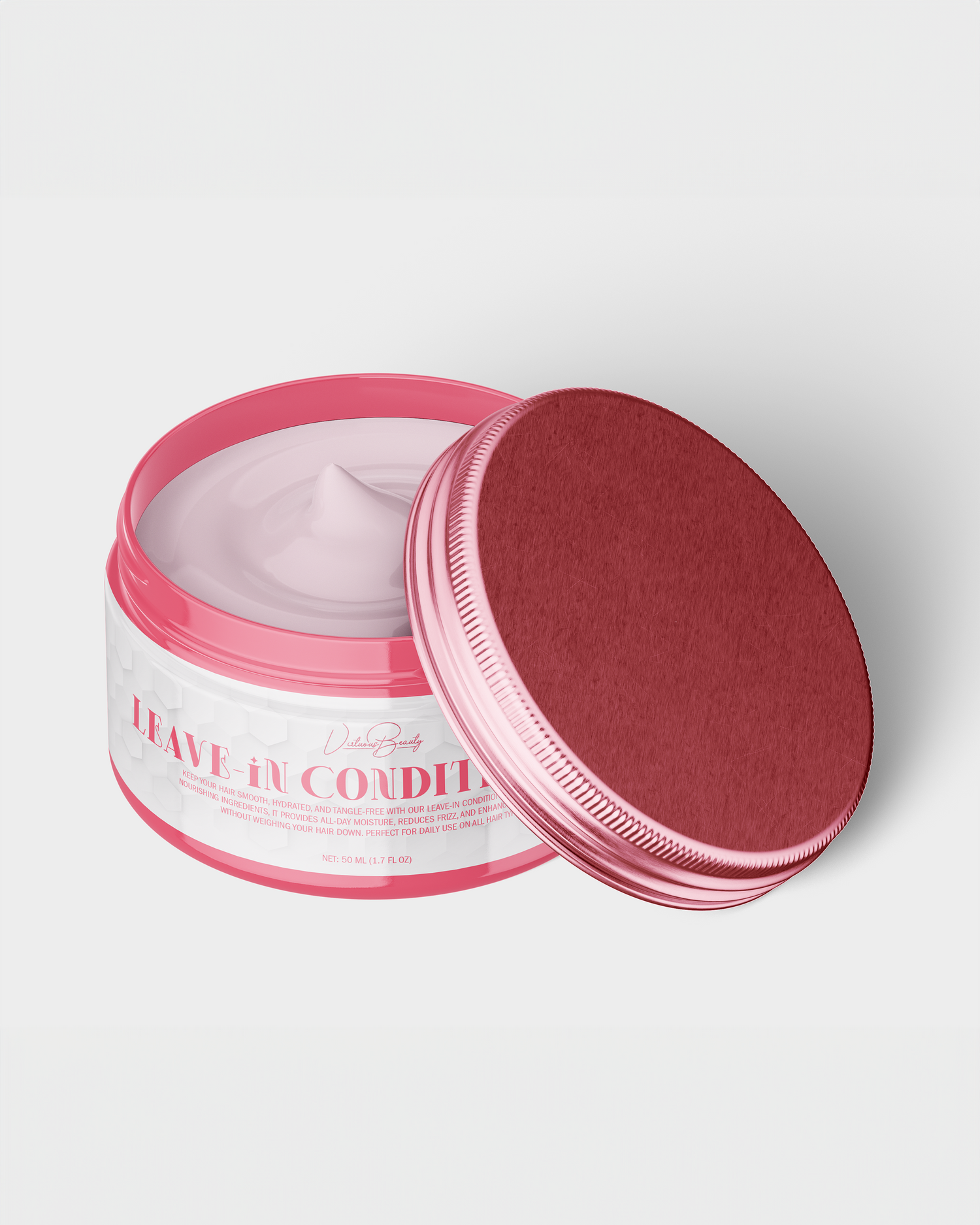 Pink hair care product jar with 'Leave In Conditioner' text and metallic lid on white background. Portrava Creative Studios