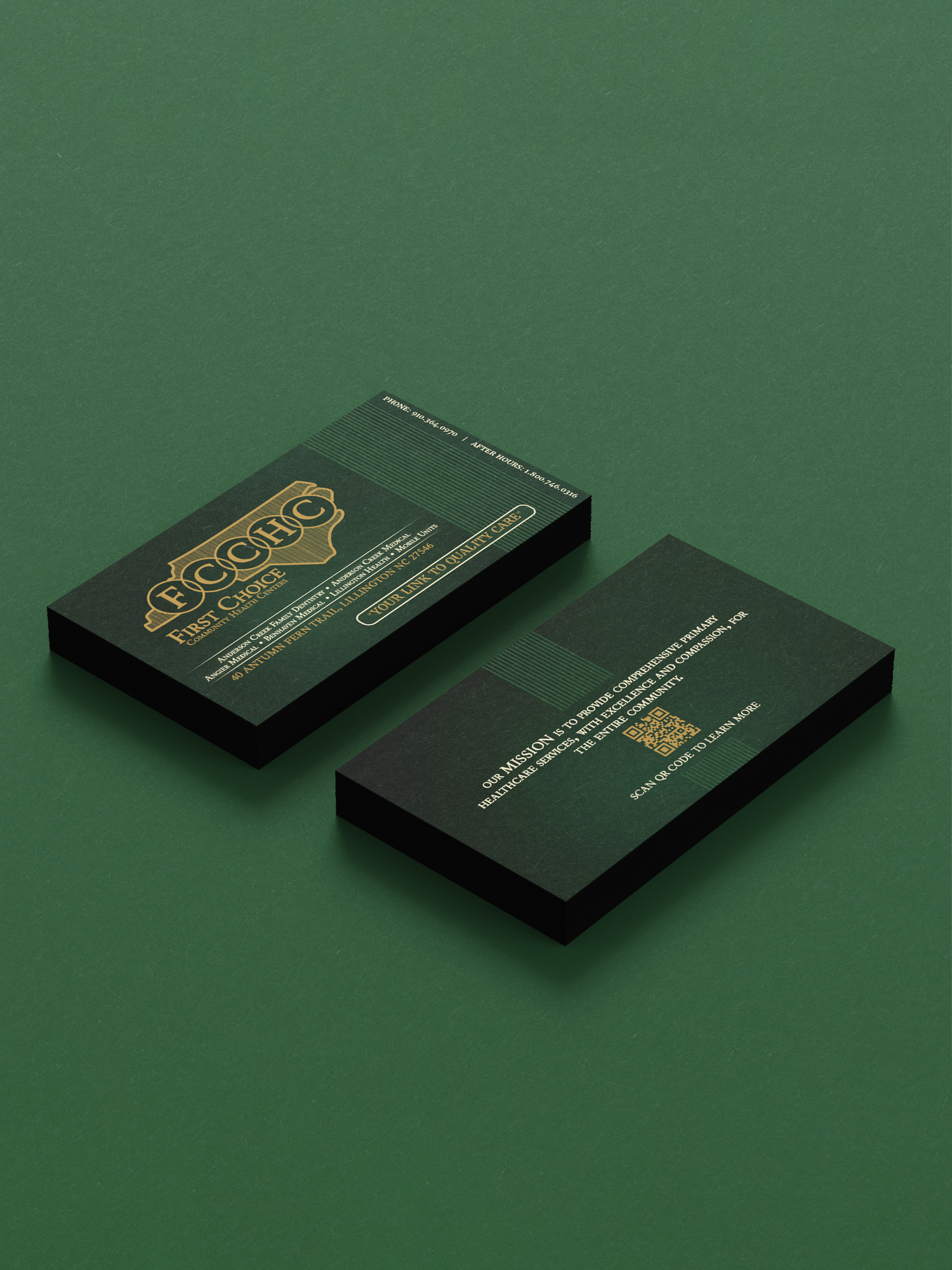 Two elegant dark green business cards with gold accents shown against a green background in isometric perspective.Portrava Creative Studios