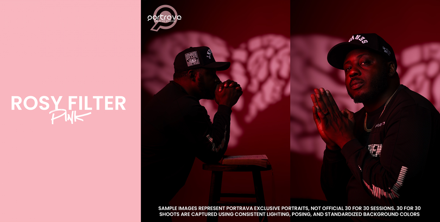 A pink-tinted digital overlay effect with text reading 'ROSY FILTER' appears across a dark background. Portrava Creative Studios