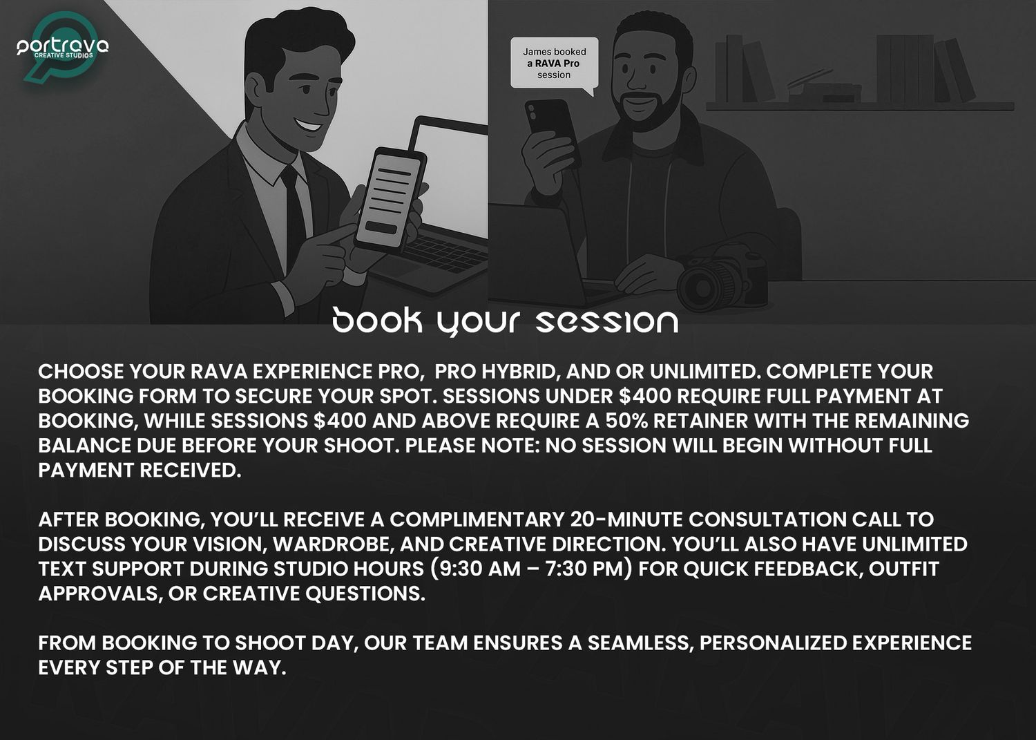 A black and white website header showing a booking interface with text about scheduling sessions and payment details.