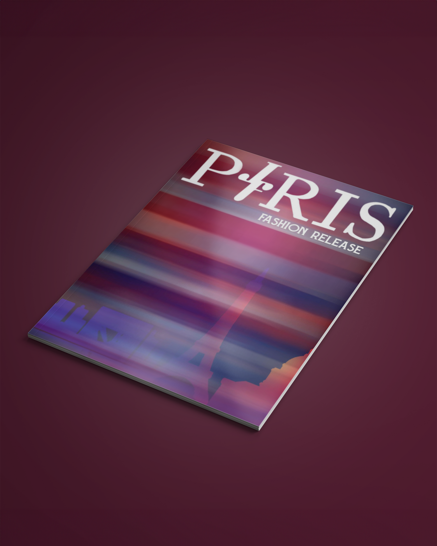 Magazine cover design for Paris featuring abstract gradient colors on burgundy background. Portrava Creative Studios
