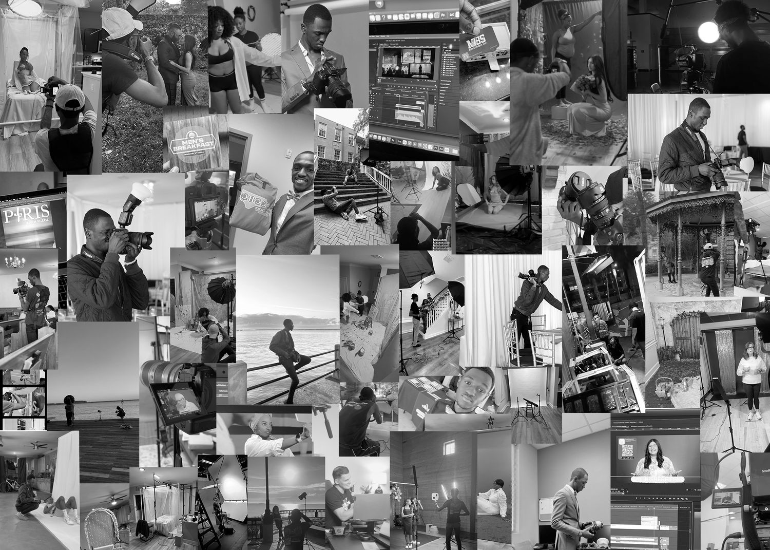 Black and white photo collage showing various lifestyle and activity moments. Portrava Creative Studios