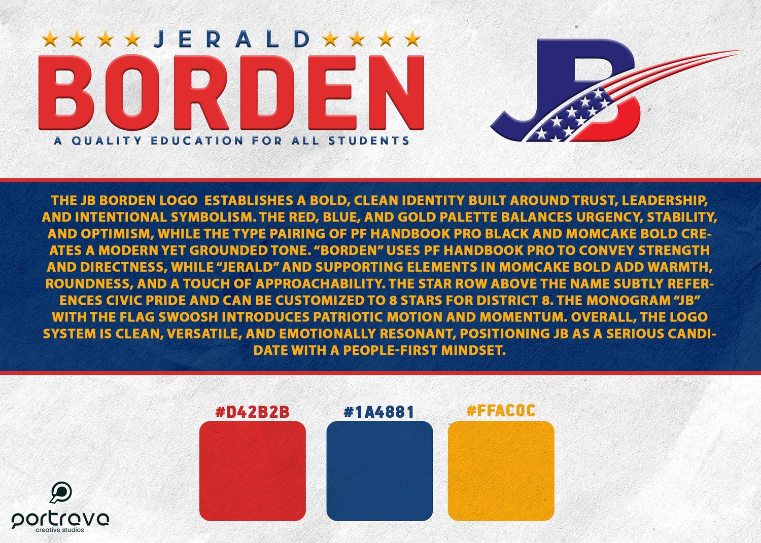 Portrava CS Campaign branding board for Jerald Borden showing red white and blue color scheme with patriotic elements. Portrava