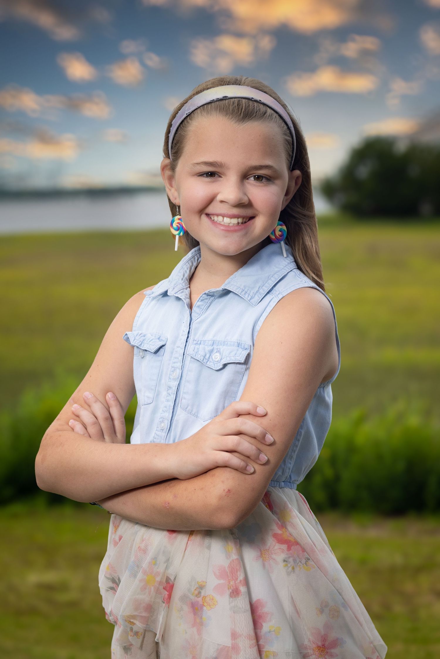 A portrait of someone in a light denim top and floral skirt standing in front of a sunset landscape. Portrava Creative Studios