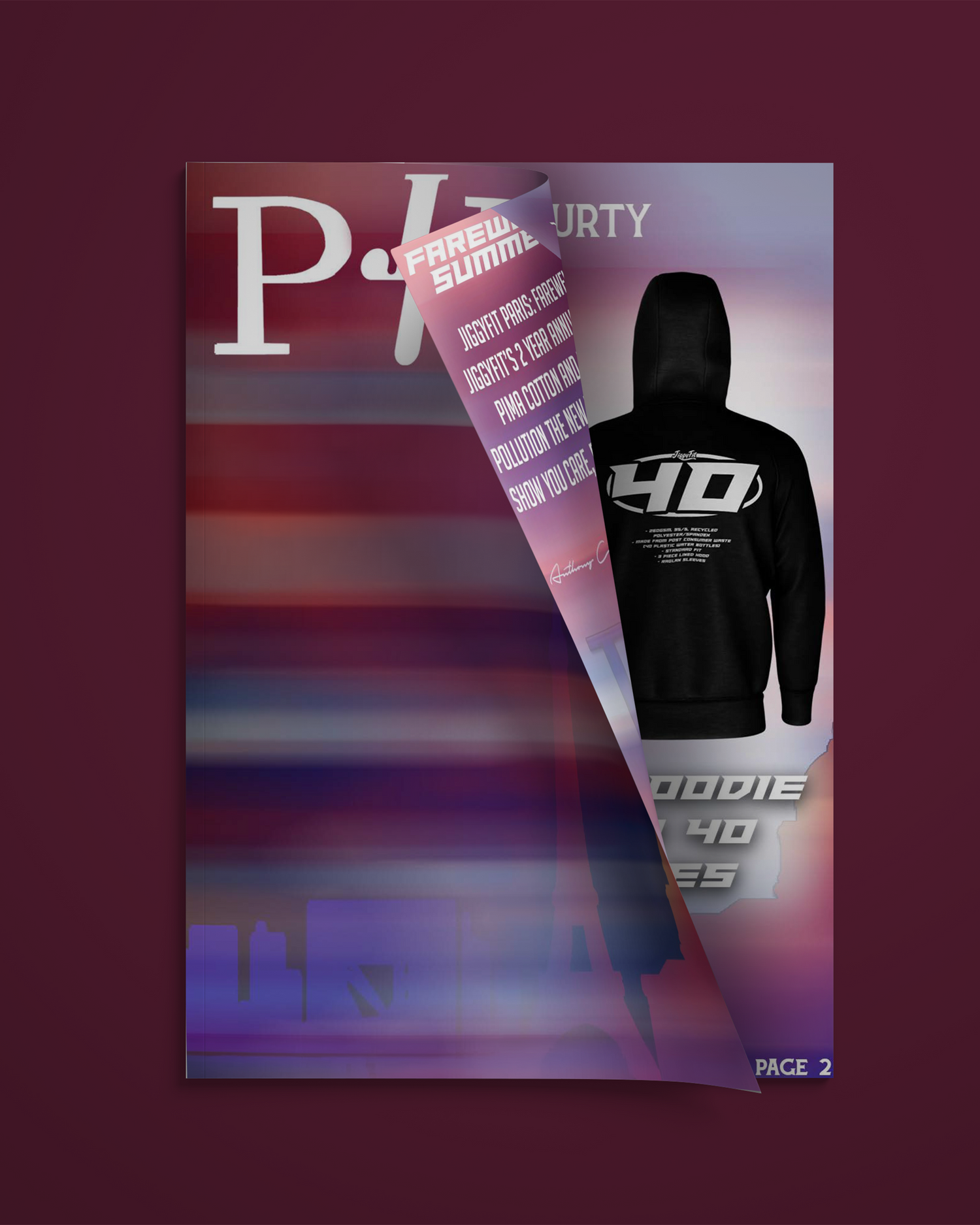 Fashion magazine cover featuring streetwear hoodie design with gradient background. Portrava Creative Studios