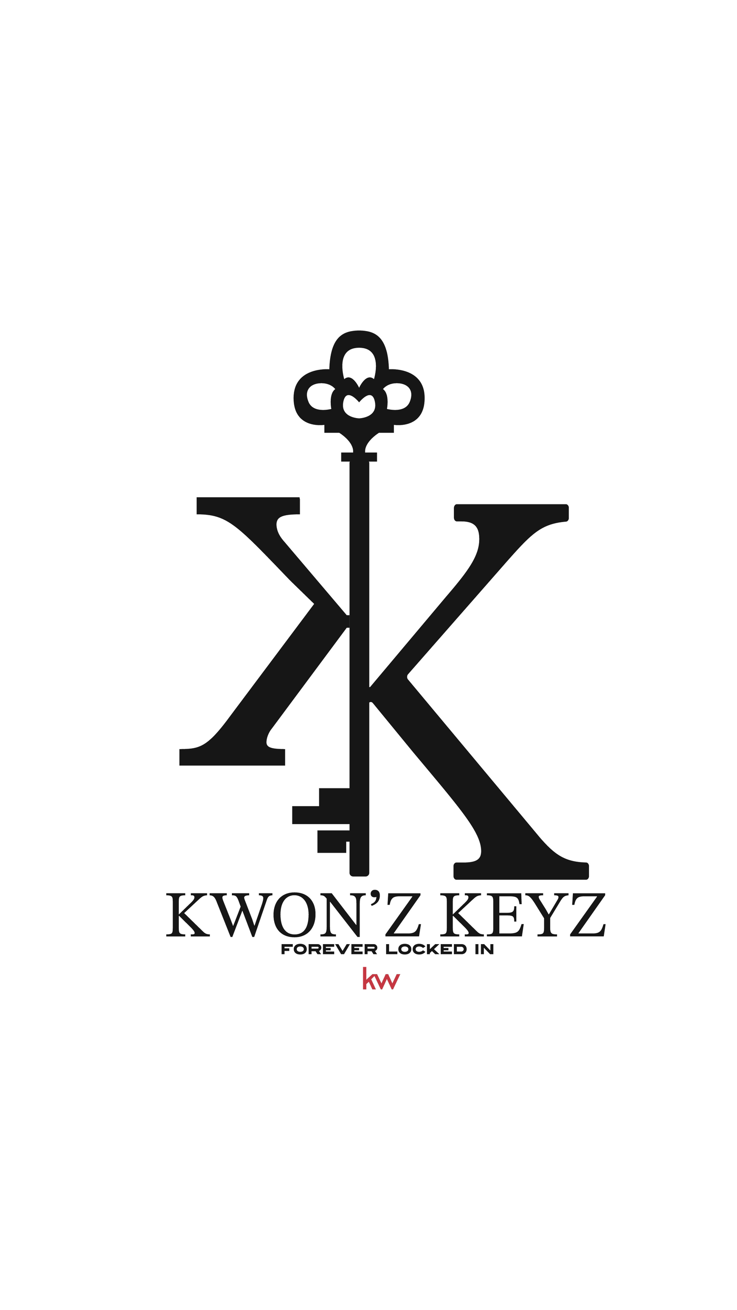 Black logo design for Kwon'z Keyz with a decorative key symbol integrated with the letters K. Portrava Creative Studios