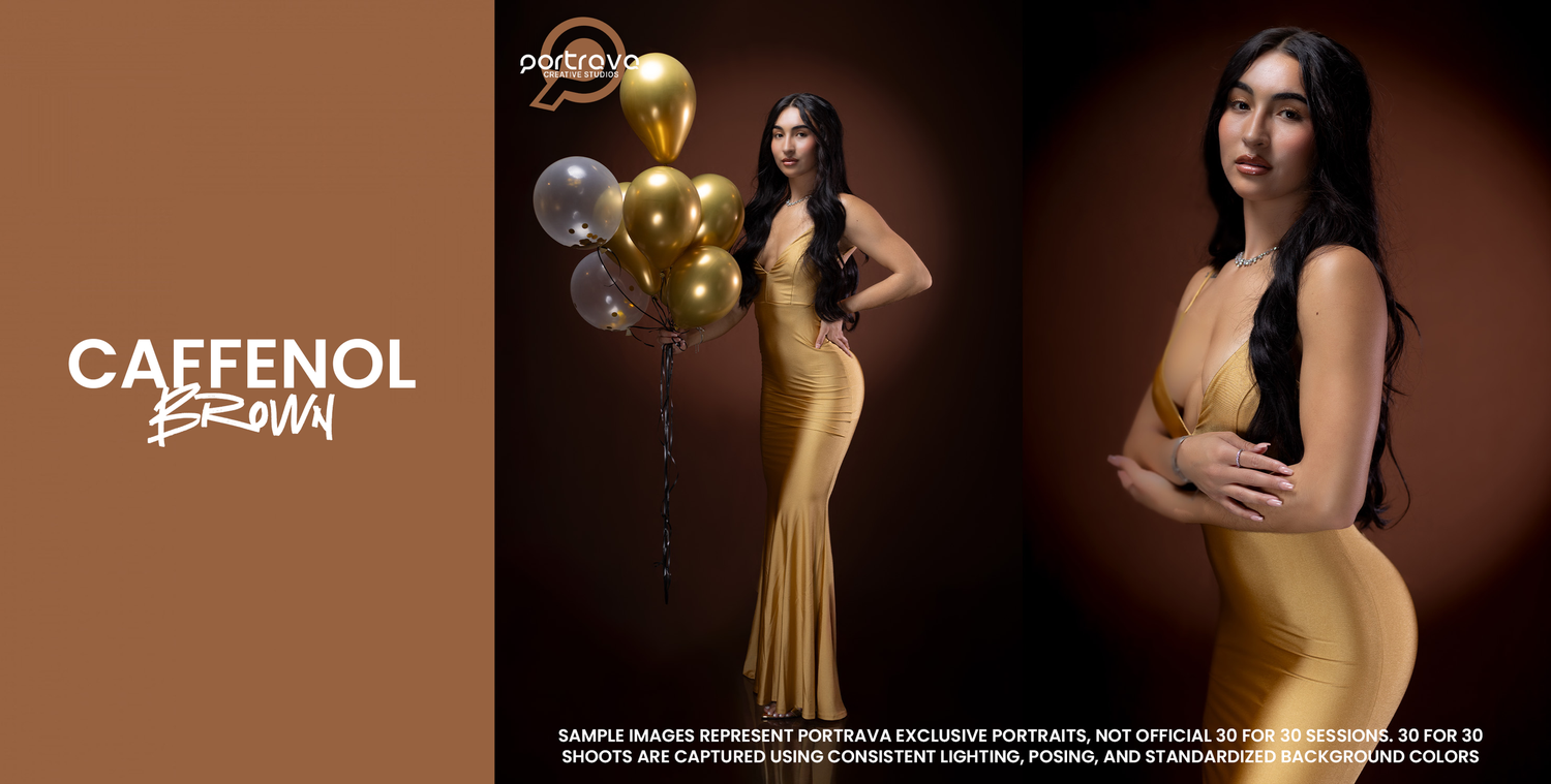 A horizontal collage of fashion models posing in elegant dresses against dark backgrounds. Portrava Creative Studios