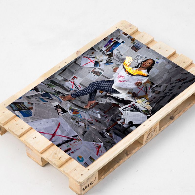 Colorful photograph printed on wooden pallet showing dynamic street art and graffiti scene.