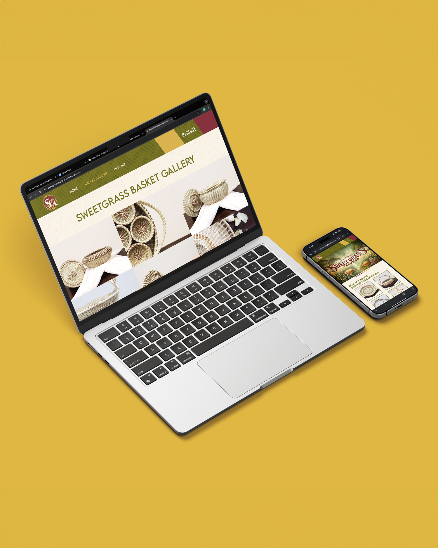 Laptop and smartphone displaying responsive website design on yellow background. Portrava Creative Studios