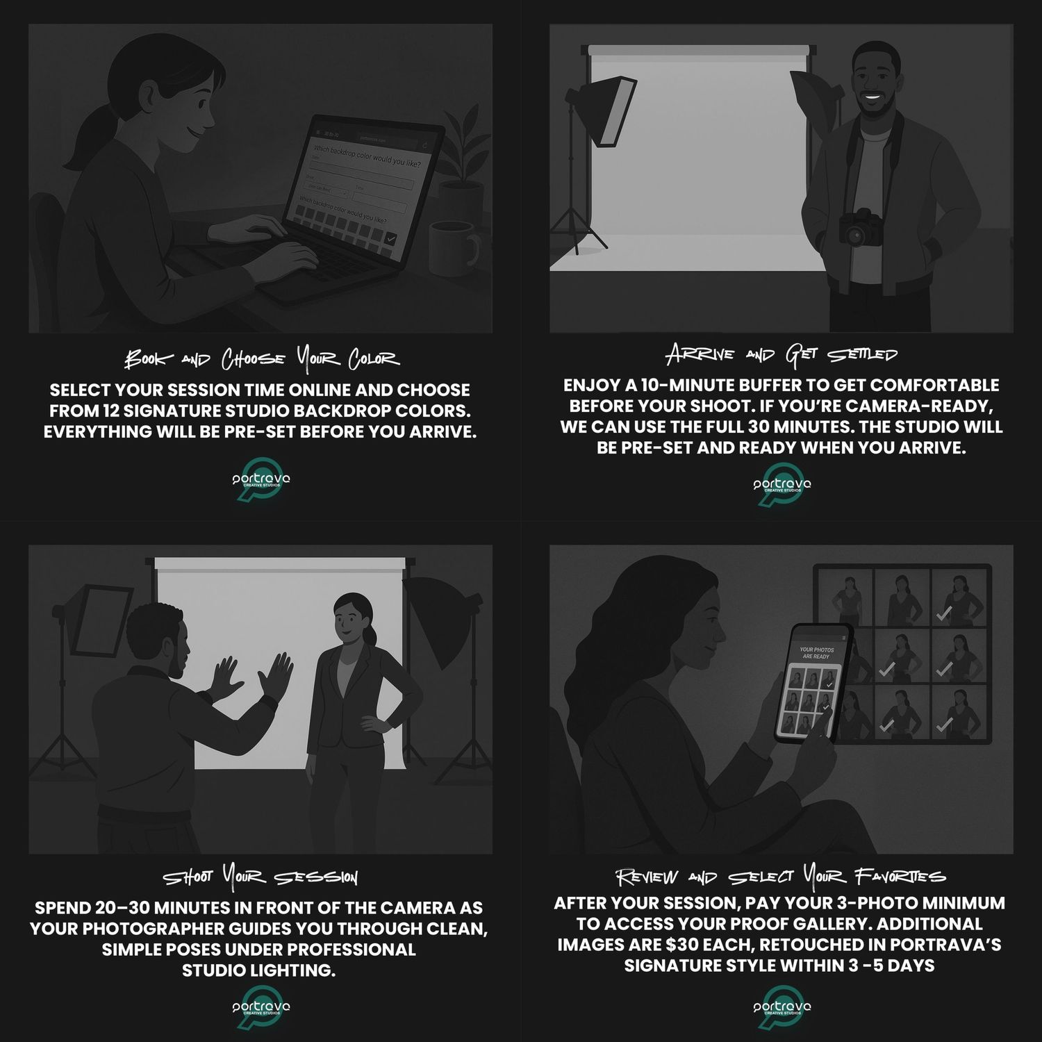 Dark user interface mockups showing various screens and text elements in a grid layout.