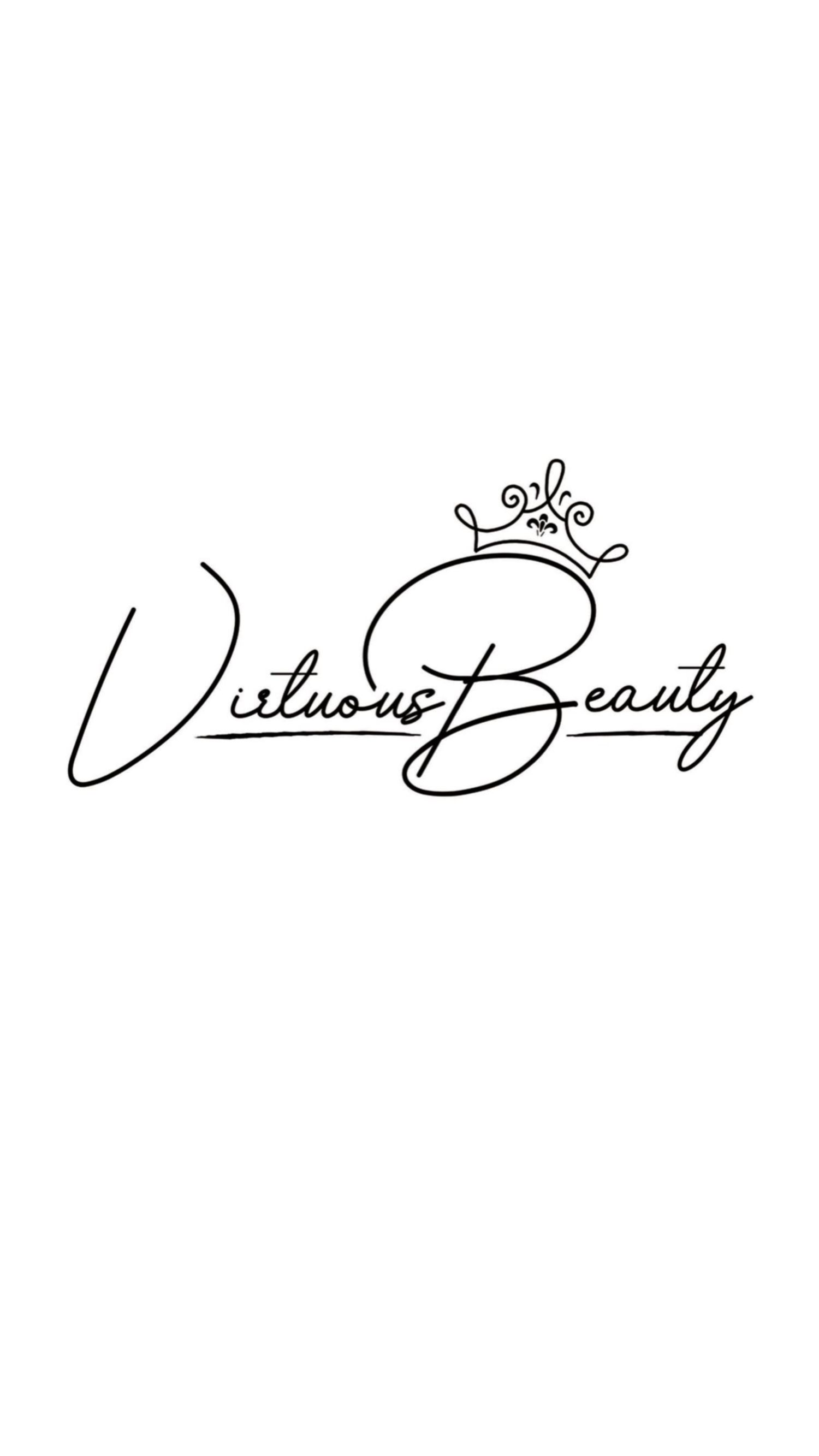 Elegant script logo for Virtuous Beauty with decorative crown detail. Portrava Creative Studios