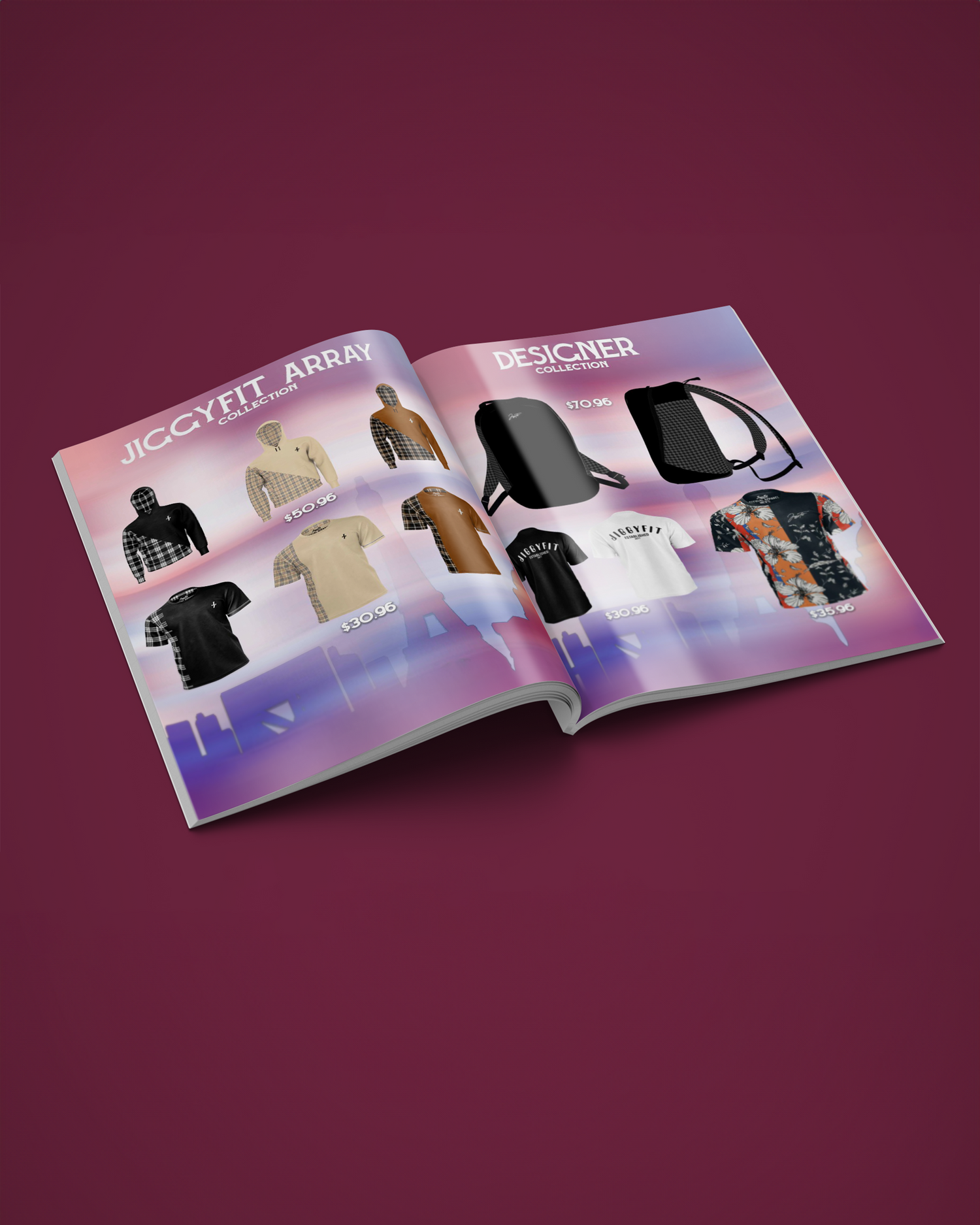 Product catalog spread showing apparel and merchandise collection with gradient design elements. Portrava Creative Studios