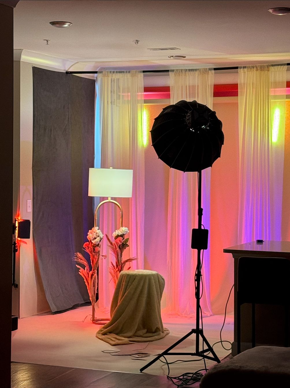 Portrava CS Professional photo studio setup with softbox lighting, draped fabric, and colorful LED uplighting creating ambiance. Portrava