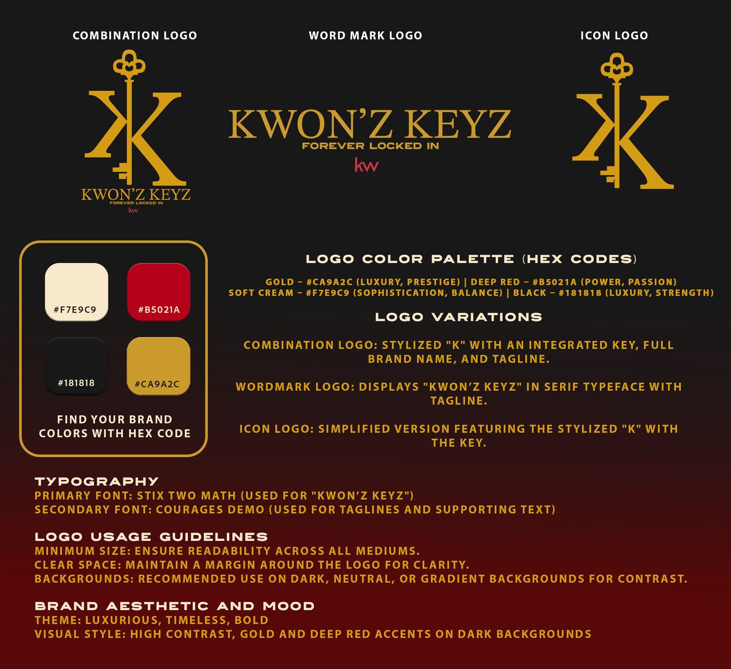 Portrava CS Kwon'z Keyz brand guidelines featuring gold and black logo designs with anchor motif. Portrava Creative Studios