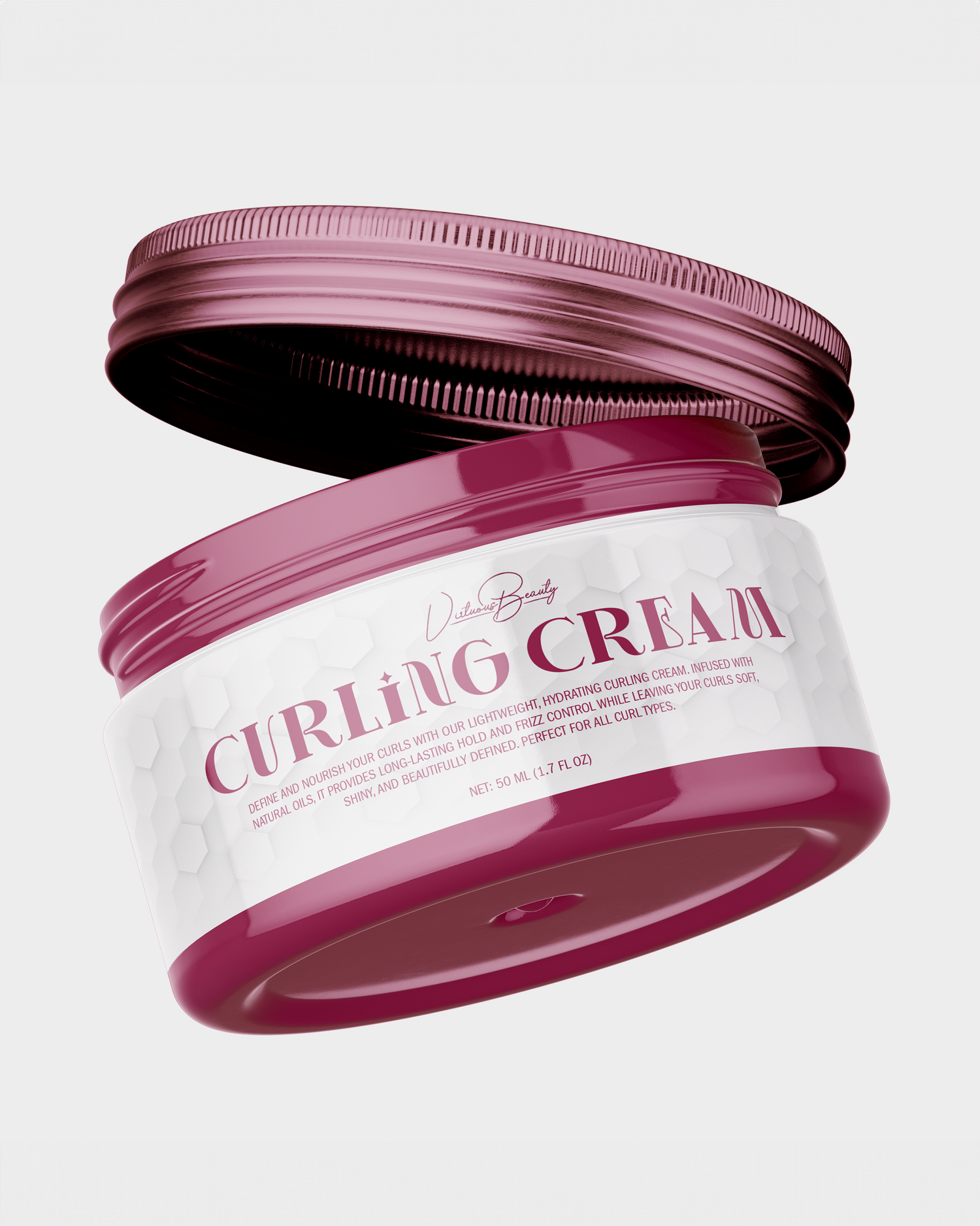 Angled view of pink hair curling cream product jar with metallic rose gold lid. Portrava Creative Studios