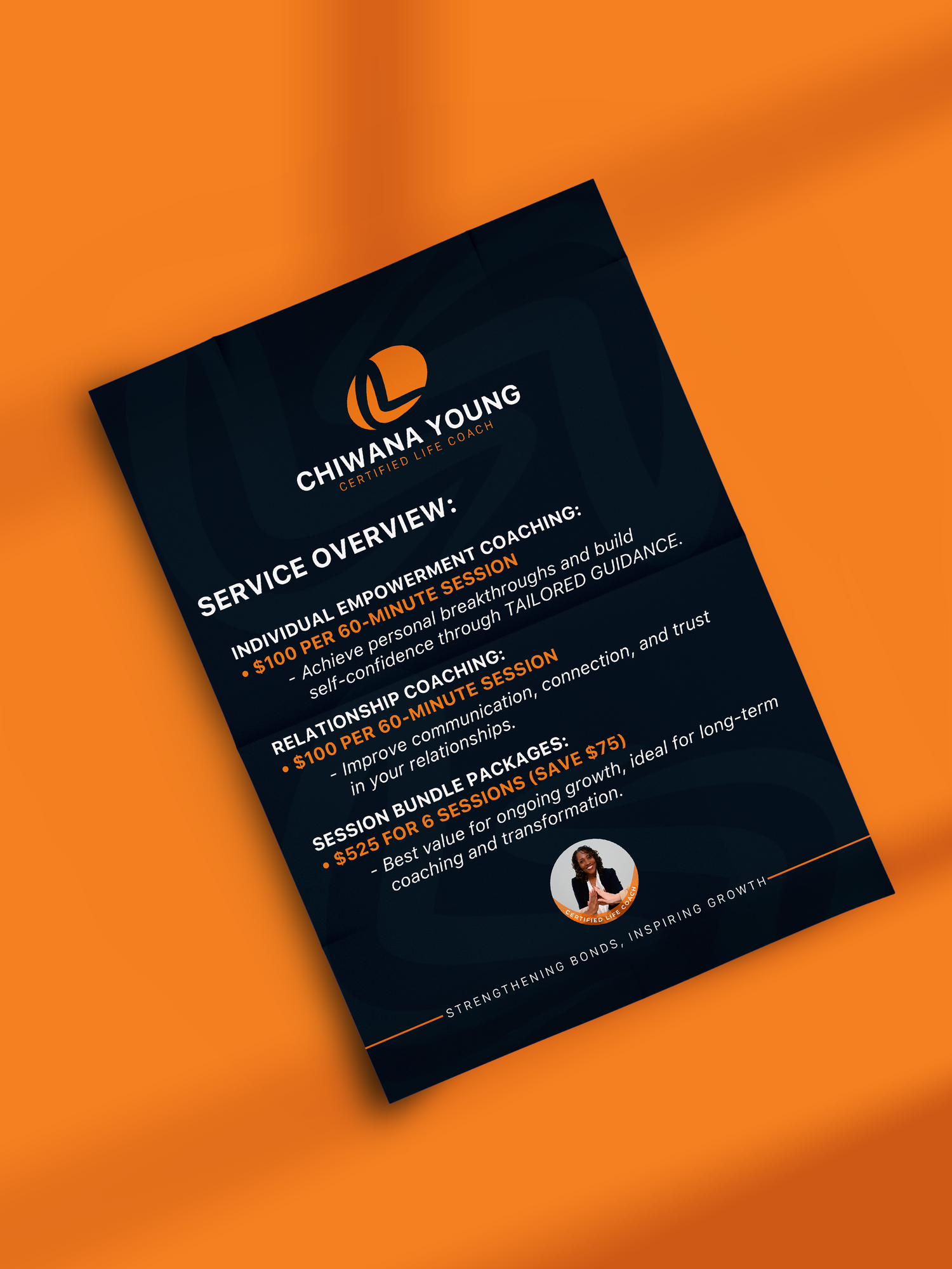Business service overview document with company logo on dark background against orange surface.Portrava Creative Studios