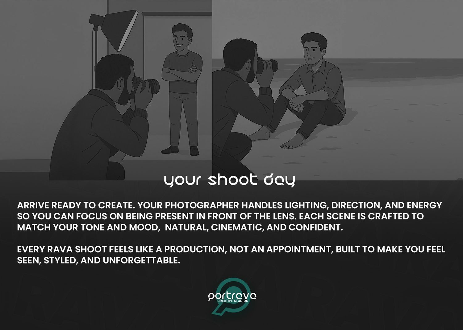 A series of black and white photography tutorial images showing lighting setups and studio photography techniques.