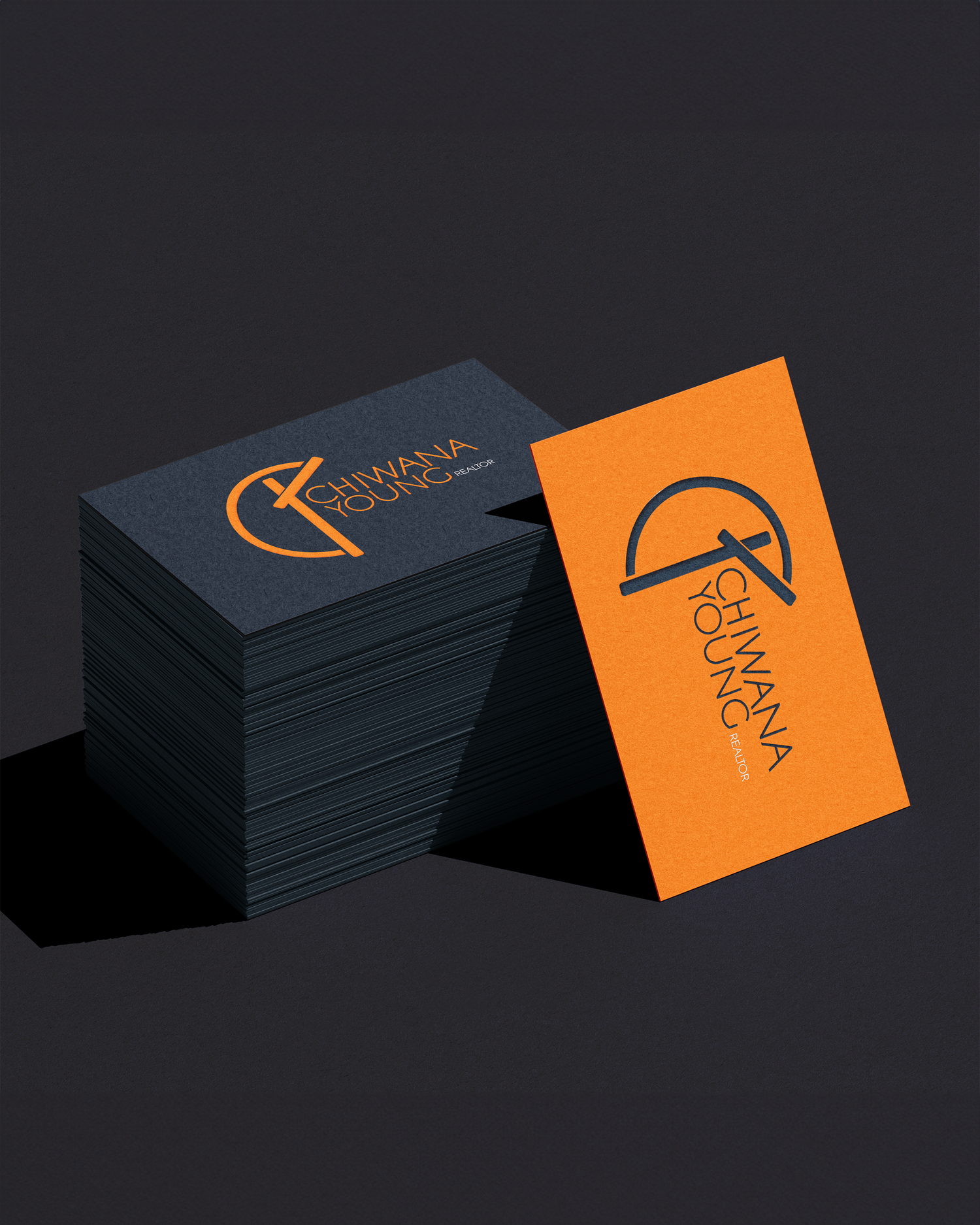 Navy blue and orange business cards with minimalist arch logo design. Portrava Creative Studios