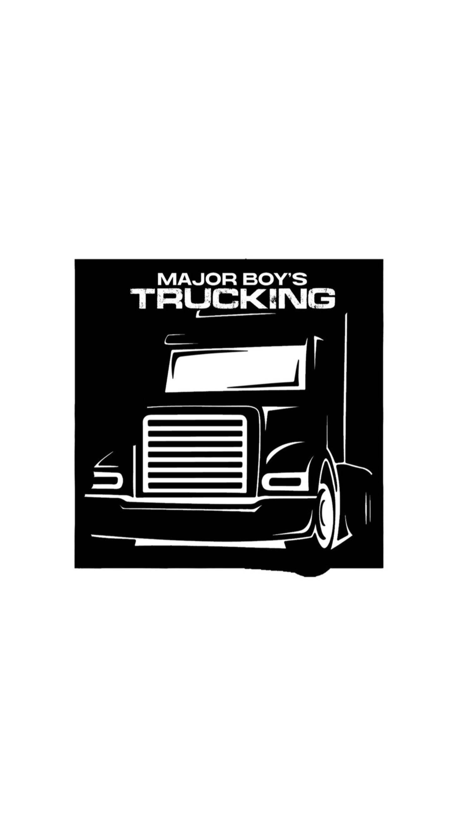 Black and white logo for Major Boy's Trucking featuring minimalist semi truck line drawing. Portrava Creative Studios