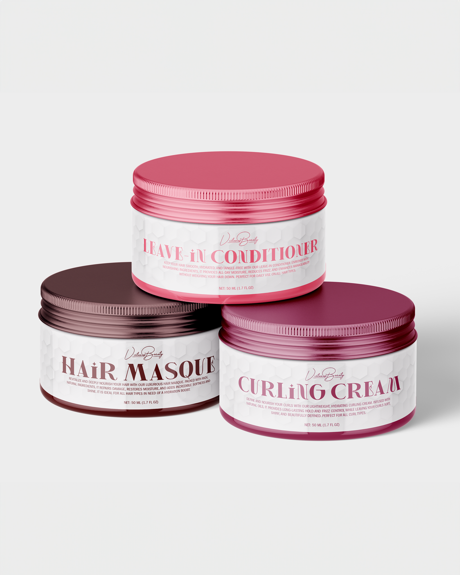 Three pink hair care product jars showcasing Leave-In Conditioner, Hair Masque, and Curling Cream. Portrava Creative Studios