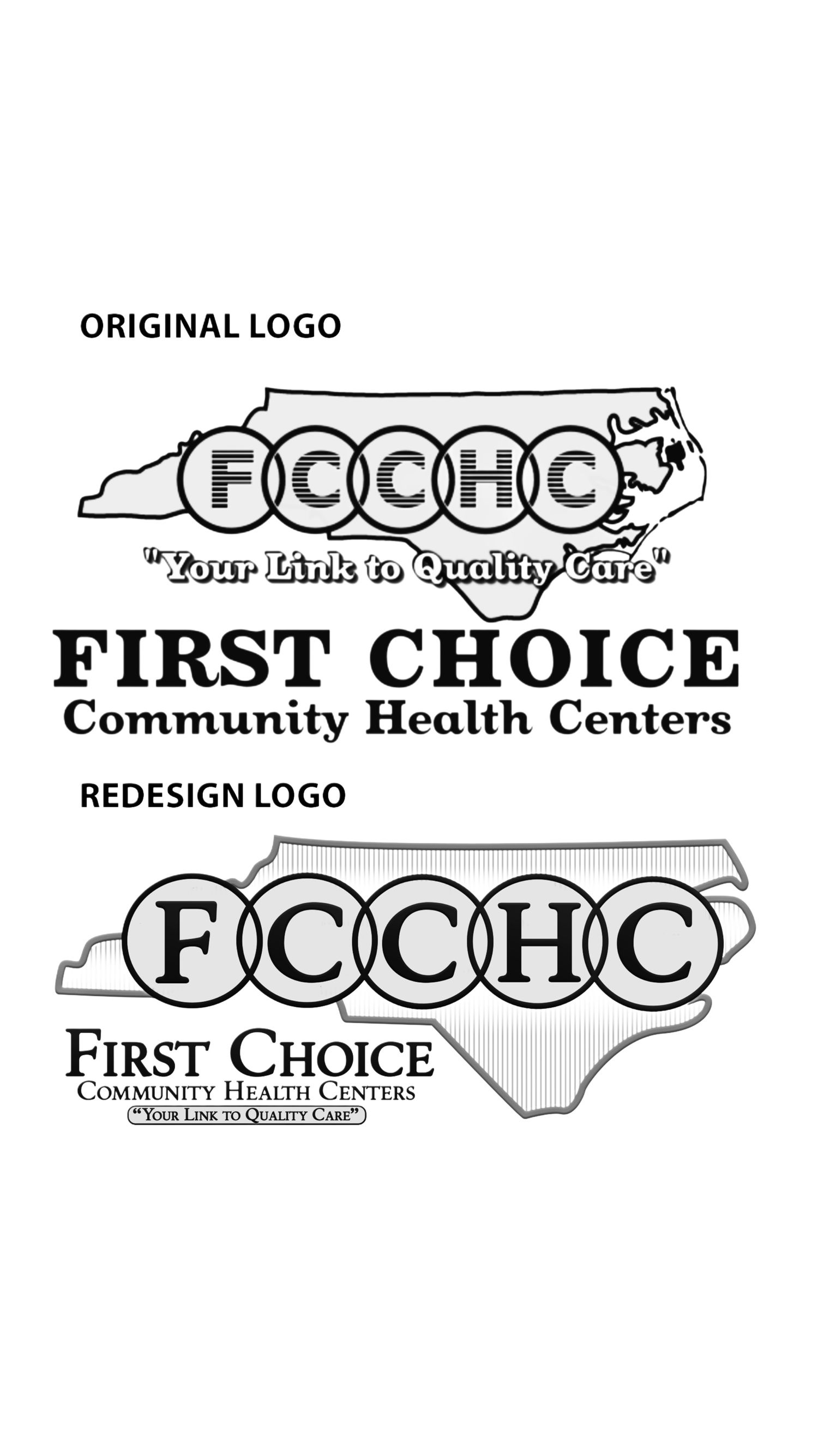 Black and white logo for First Choice Community Health Centers featuring state outline and circular lettering. Portrava Creative Studios