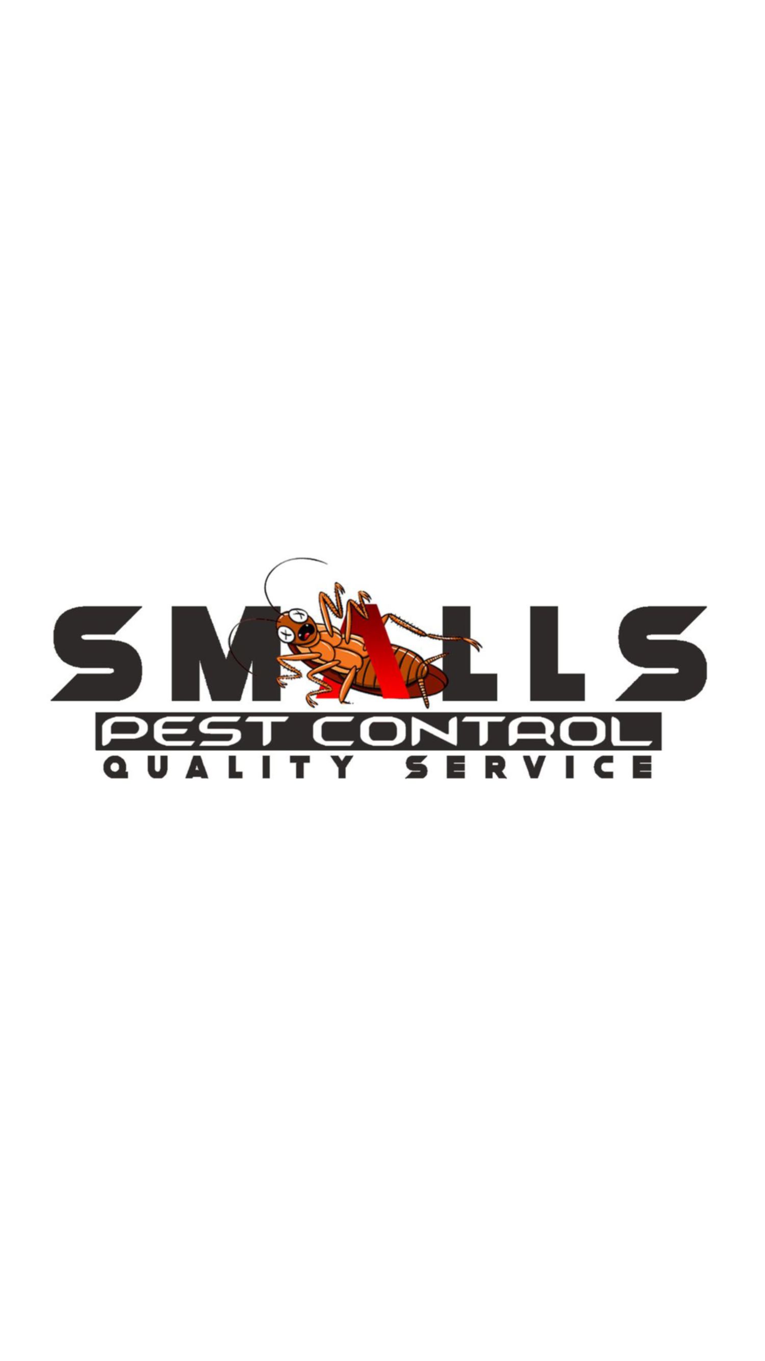 Logo for Smalls Pest Control featuring bold text and a red cartoon ant mascot. Portrava Creative Studios