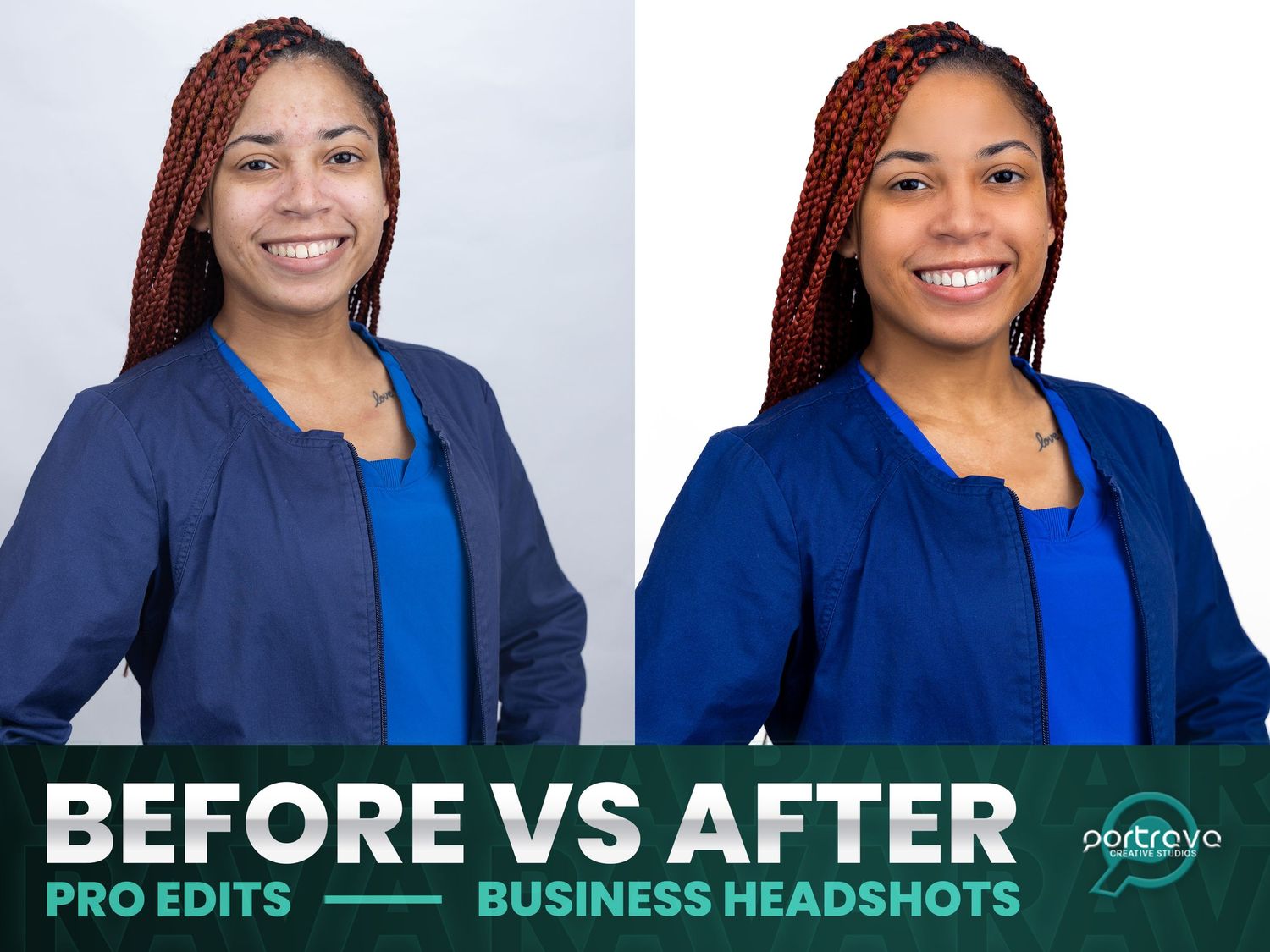 A series of professional headshots showing the same person in business attire before and after photo editing.