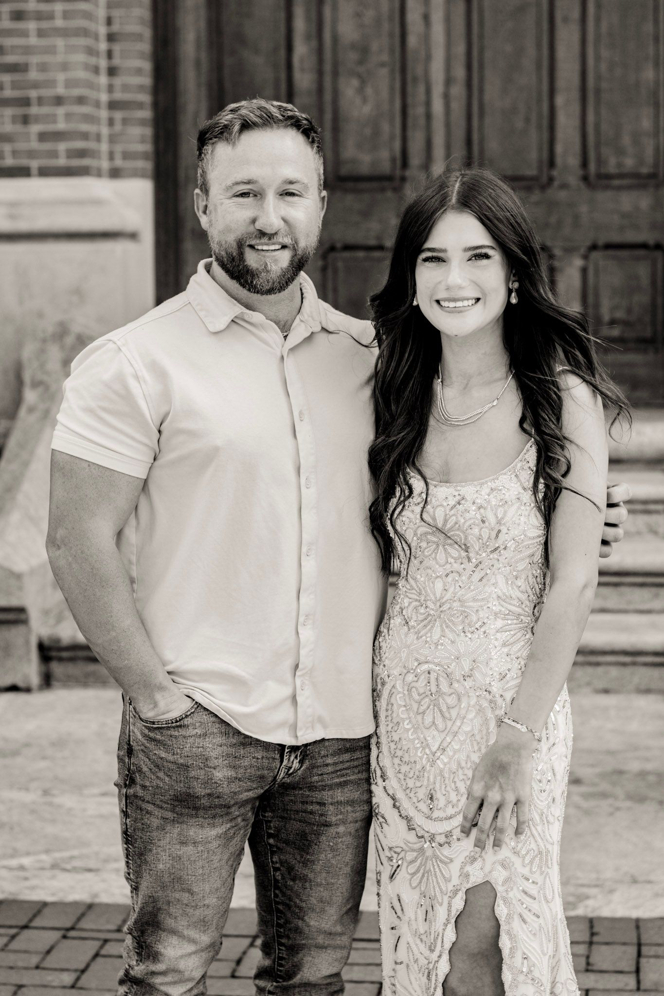 Black and white father-daughter session for senior prom at Oxford College in Oxford, Georgia.