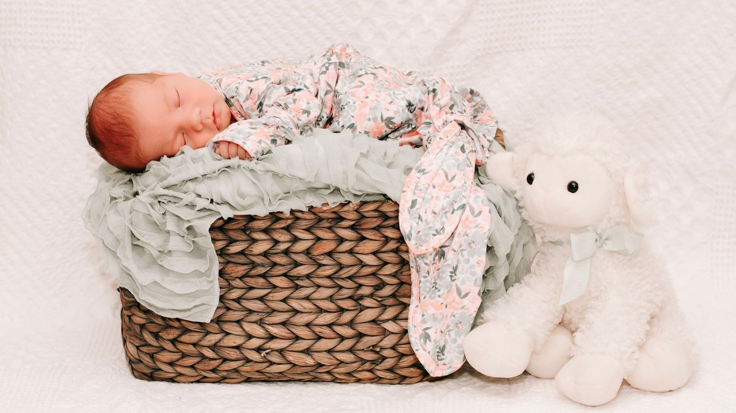 A sleeping newborn baby rests peacefully in a woven basket with soft white blankets and stuffed animal toys in Covington, Georgia.