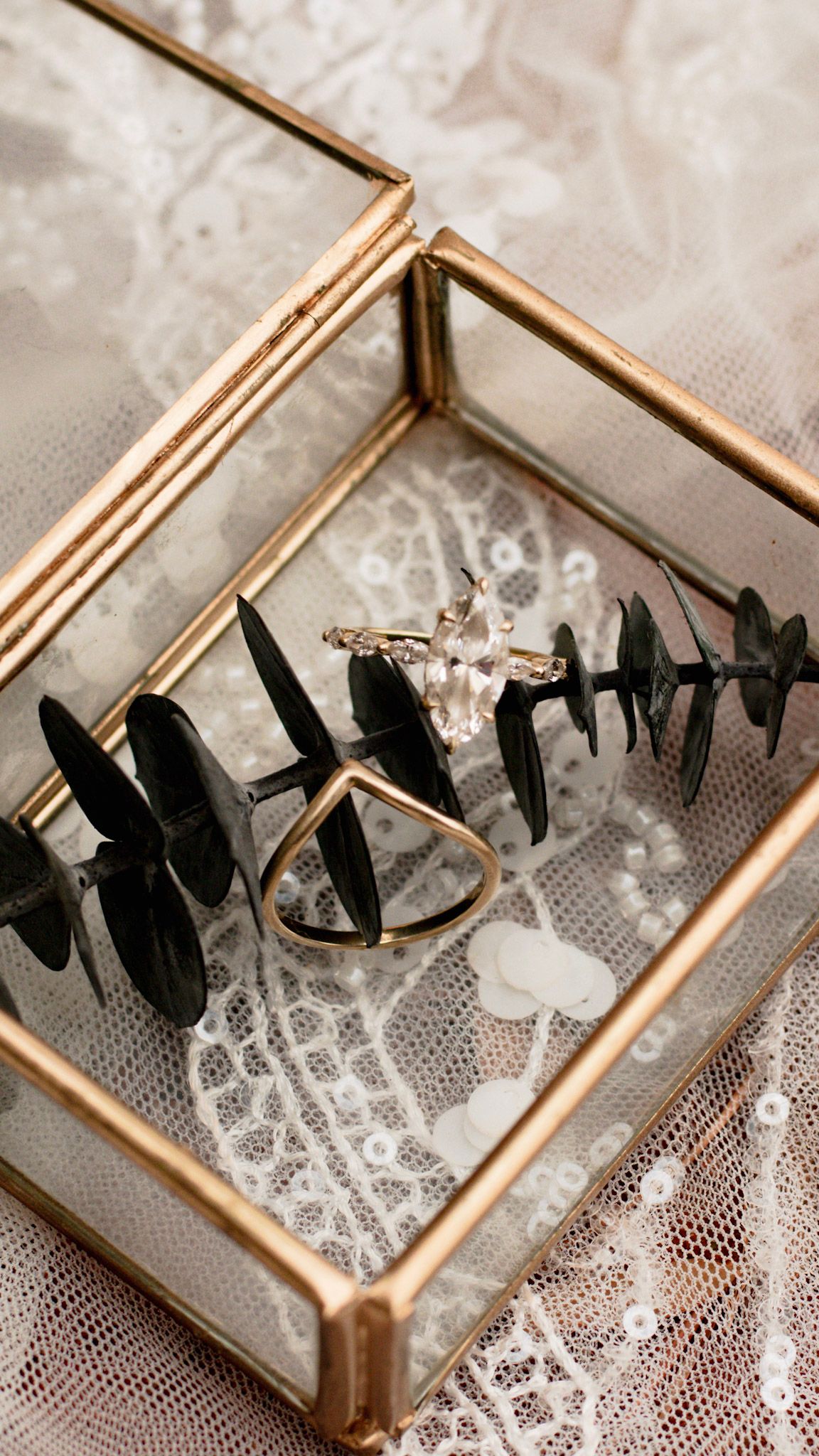 Wedding rings and eucalyptus leaves displayed in a gold glass jewelry box on delicate lace fabric at Providence Canyon in Lumpkin, Georgia