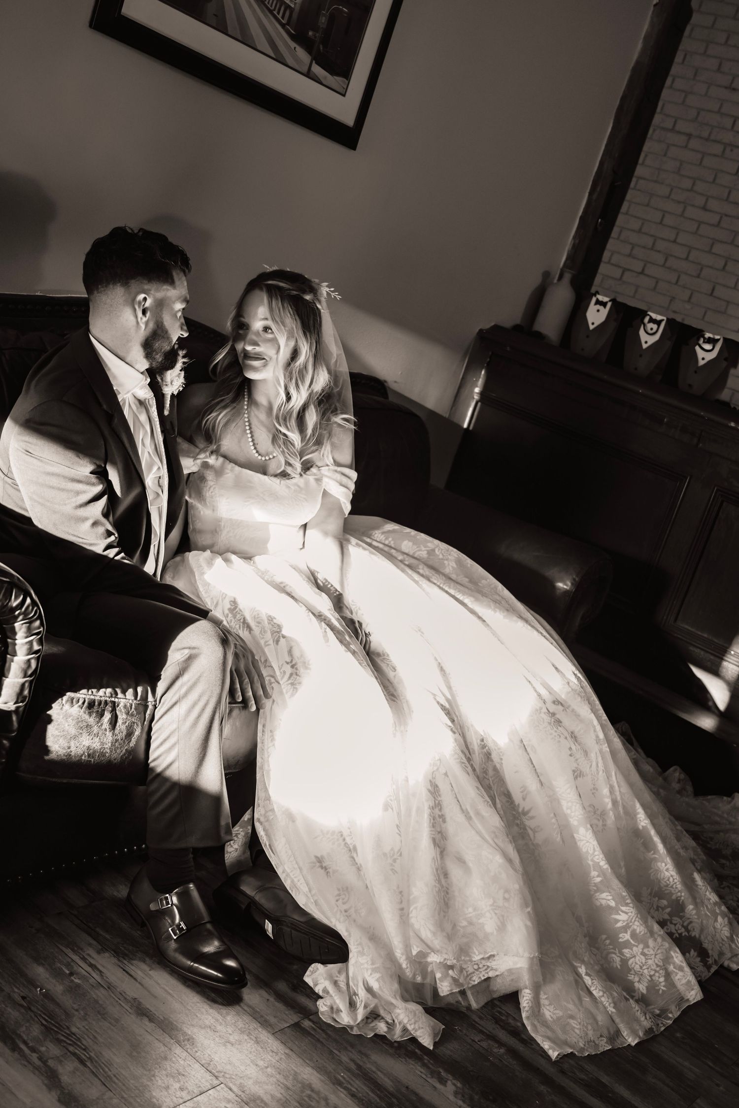 black and white wedding photos between newlyweds at The Little Cottage in Smyrna, Georgia