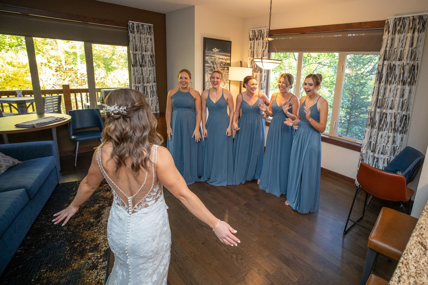 A collage of wedding ceremony photos showing blue bridesmaid dresses and indoor reception venue details. Canmore Solara resort
