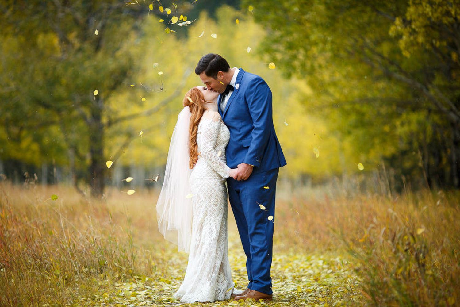 A couple in wedding attire embraces in a sunlit autumn field with golden foliage in the background. Canmore Alberta.
