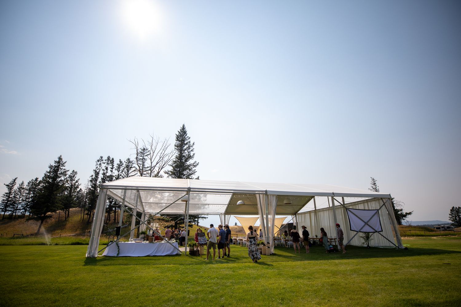 Large white event tent on green grass field with trees and clear sky in background at Swansea Ranch in Invermere, BC