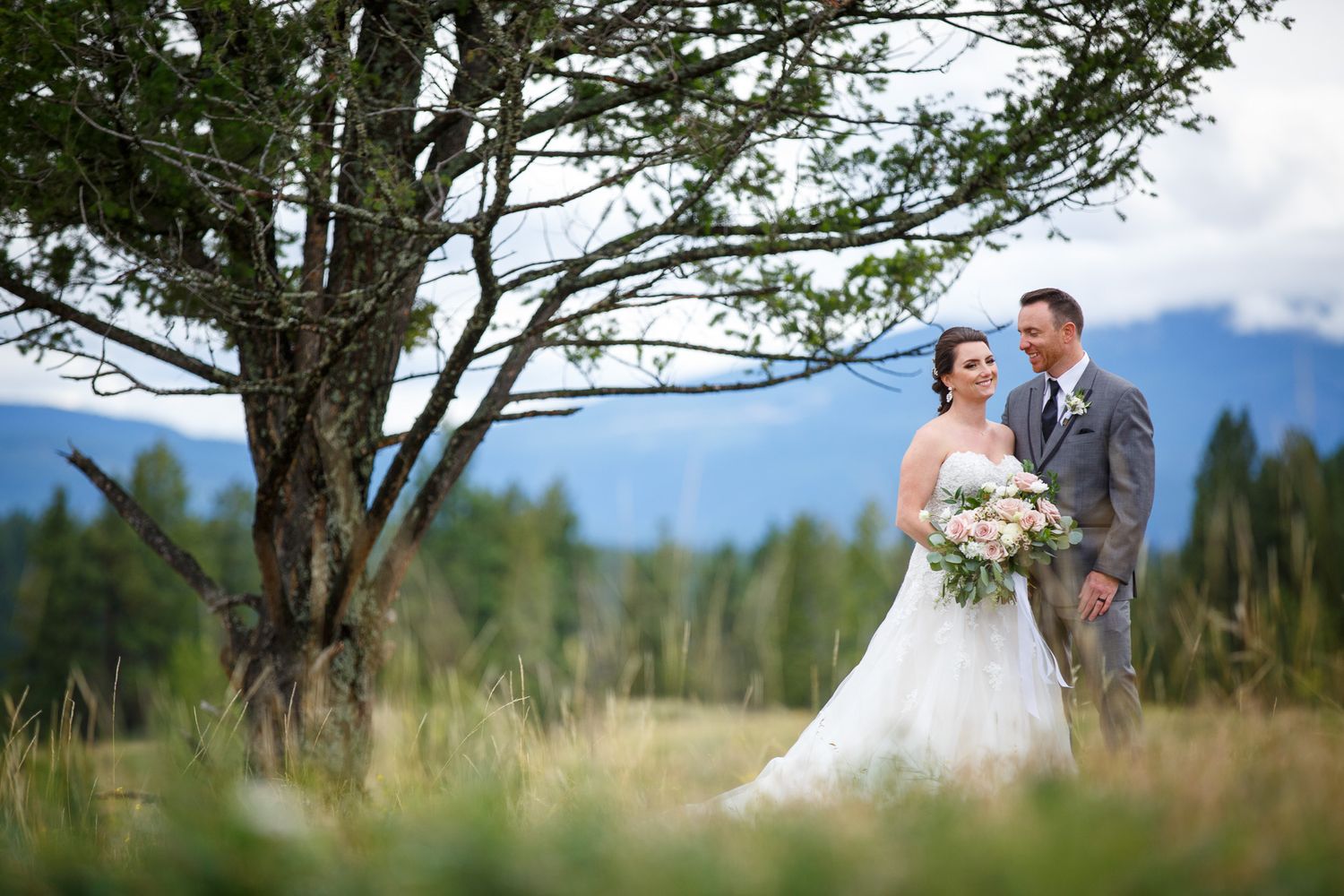 Bride and groom share a romantic moment in a meadow with mountains and a tree backdrop on their wedding day Cherry creek estate