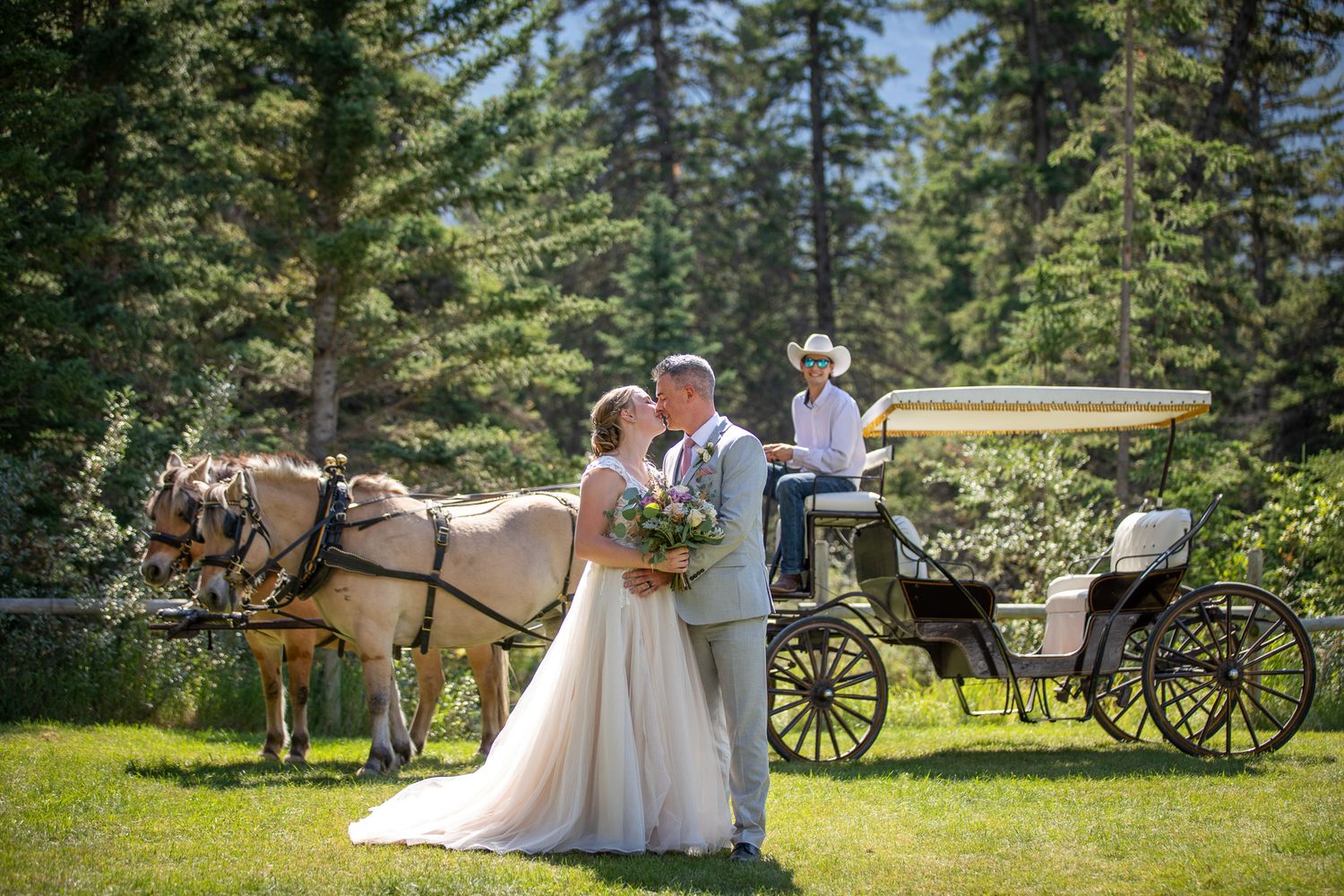 A romantic outdoor wedding scene with a horse-drawn carriage and evergreen trees in the background at Canmore ranch in Canmore, Alberta.