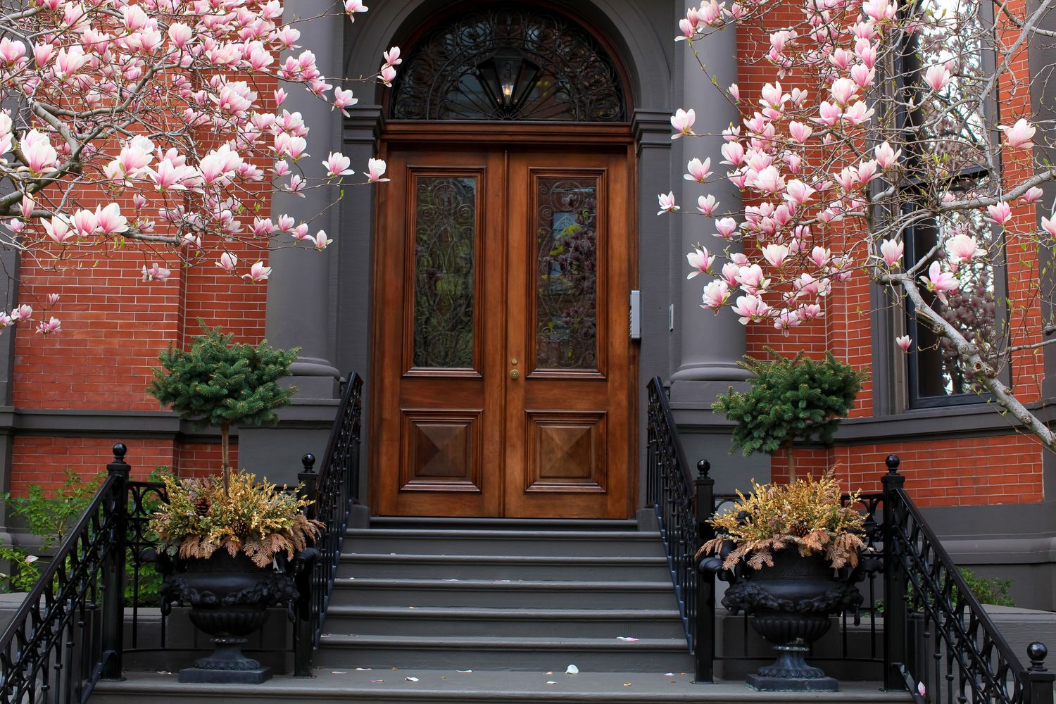 Pink cherry blossoms bloom against a grey stone building facade with wooden doors and decorative details. Boston, Massachusetts. USA