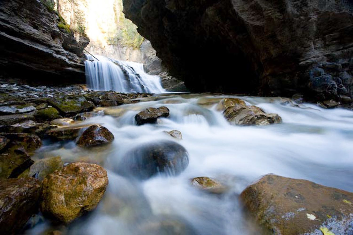 A scenic mountain stream cascades over mossy rocks through a narrow canyon with silky smooth flowing water. Johnston Canyon, Banff, AB.