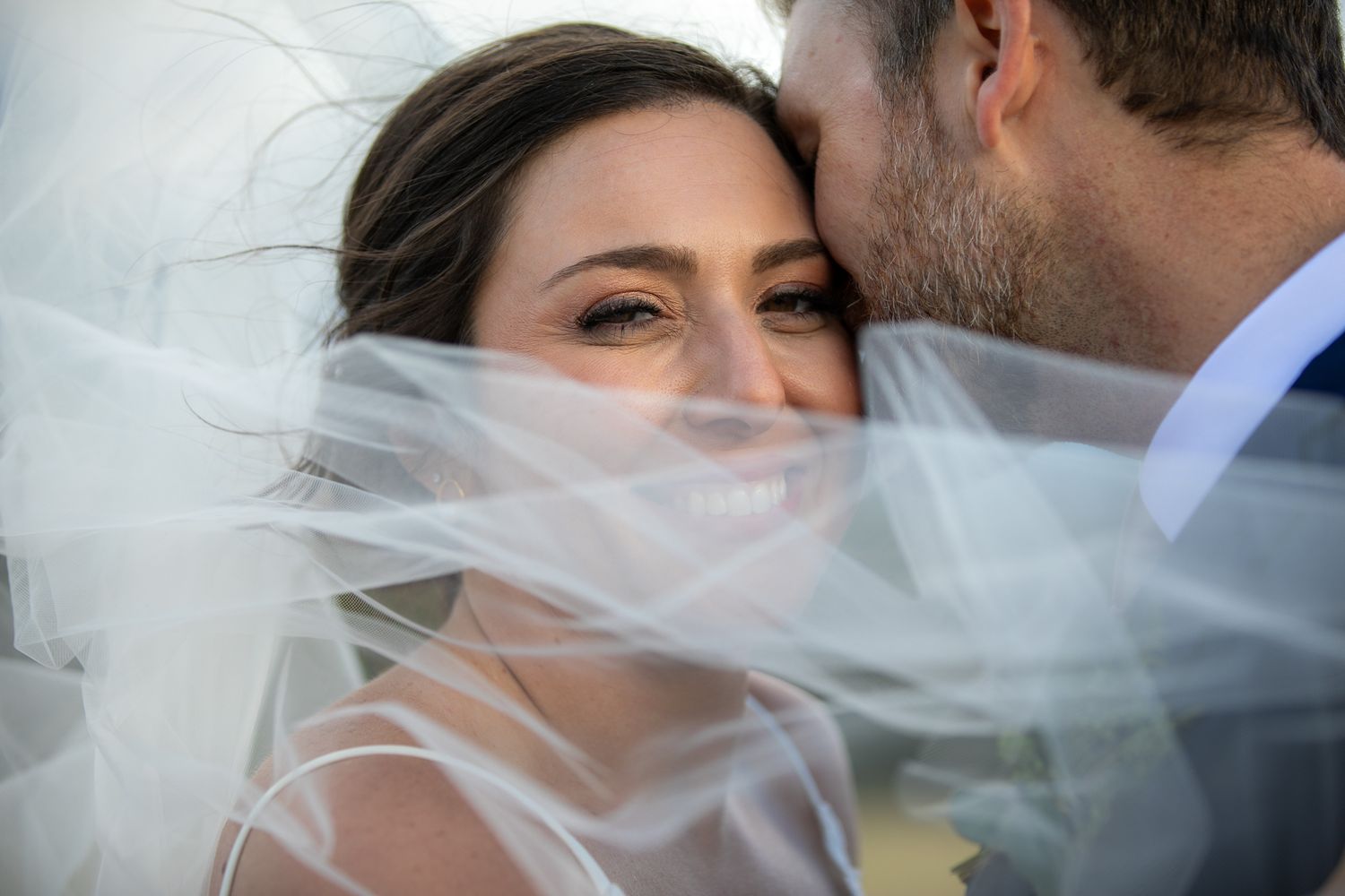 A romantic sequence of wedding photos showing a couple under a flowing veil in soft natural lighting. Banff, Alberta