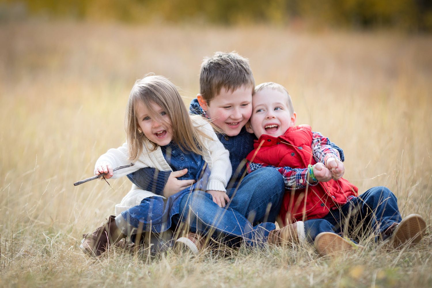 A group of children lying in a golden autumn field laughing and playing together at Quarry Lake Park, Canmore, AB.