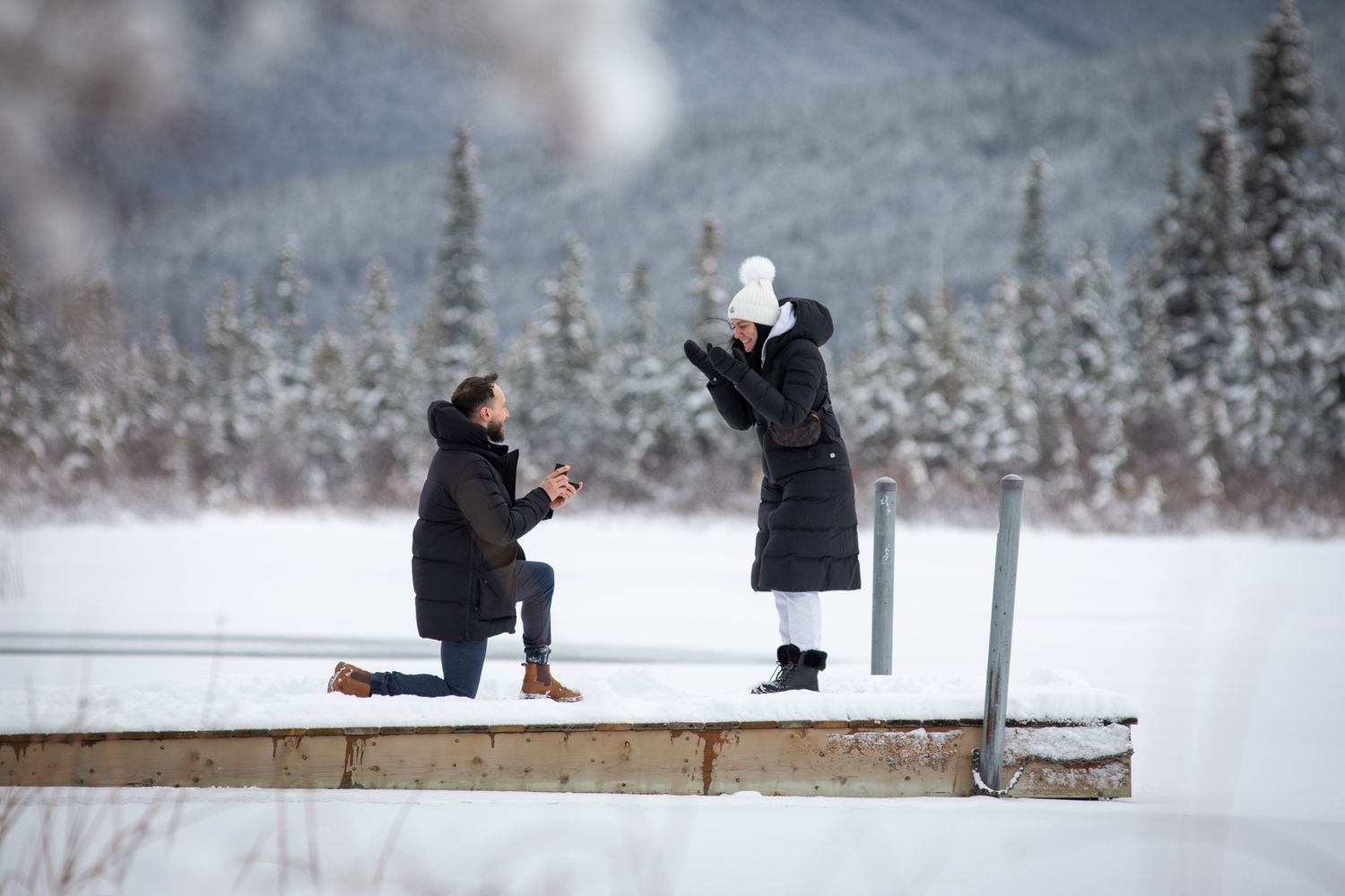 A person proposes marriage in a snowy winter landscape with evergreen trees in the background in Banff, AB.
