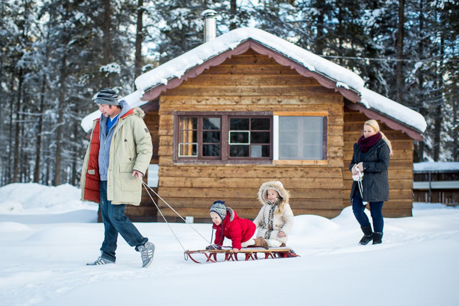 A family enjoying winter activities at a snowy cabin resort with sledding and outdoor recreation in the forest in Banff, AB.