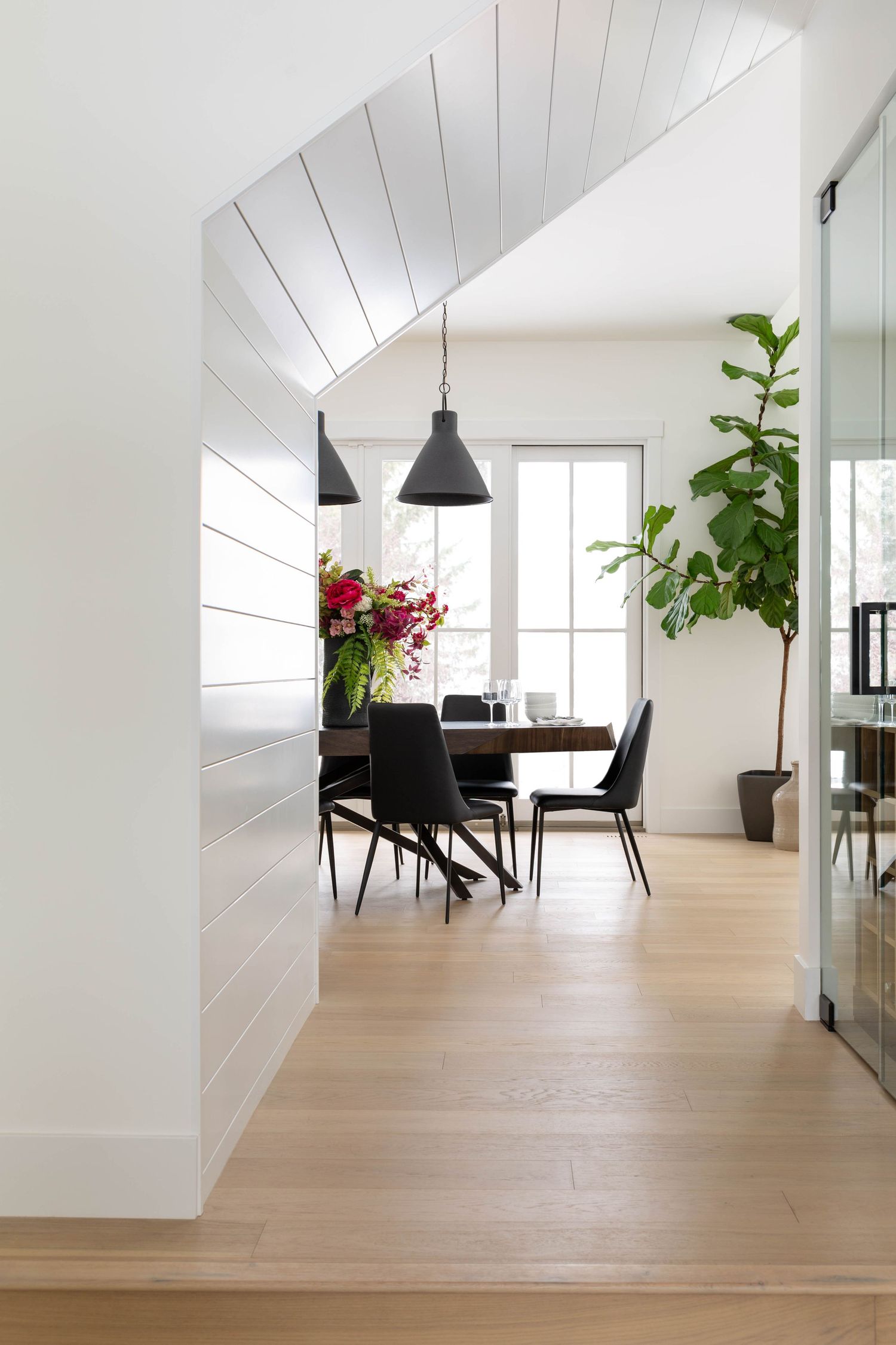 Modern dining room with dark wood table, black chairs, pendant lights, and fiddle leaf fig.