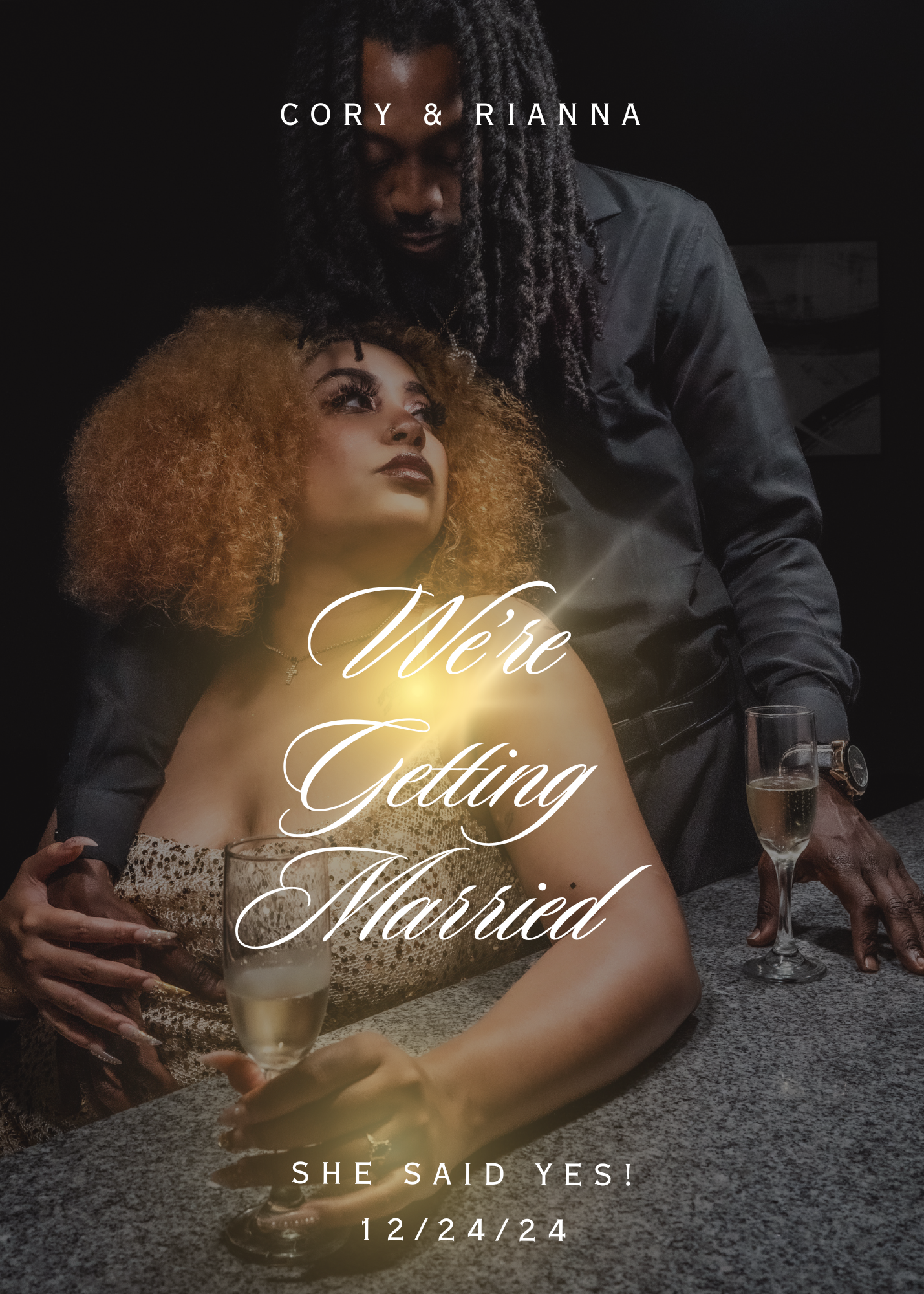 Dark and moody engagement photo with glowing text announcing a December 24th wedding date over a romantic candlelit scene.