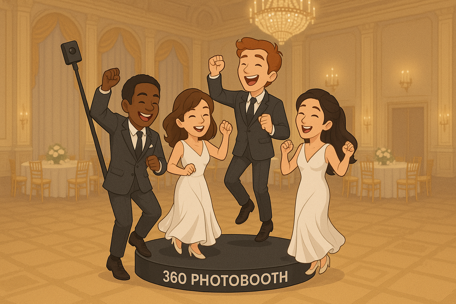 Group of people having fun and posing at a 360 photo booth during a wedding reception in an elegant ballroom.