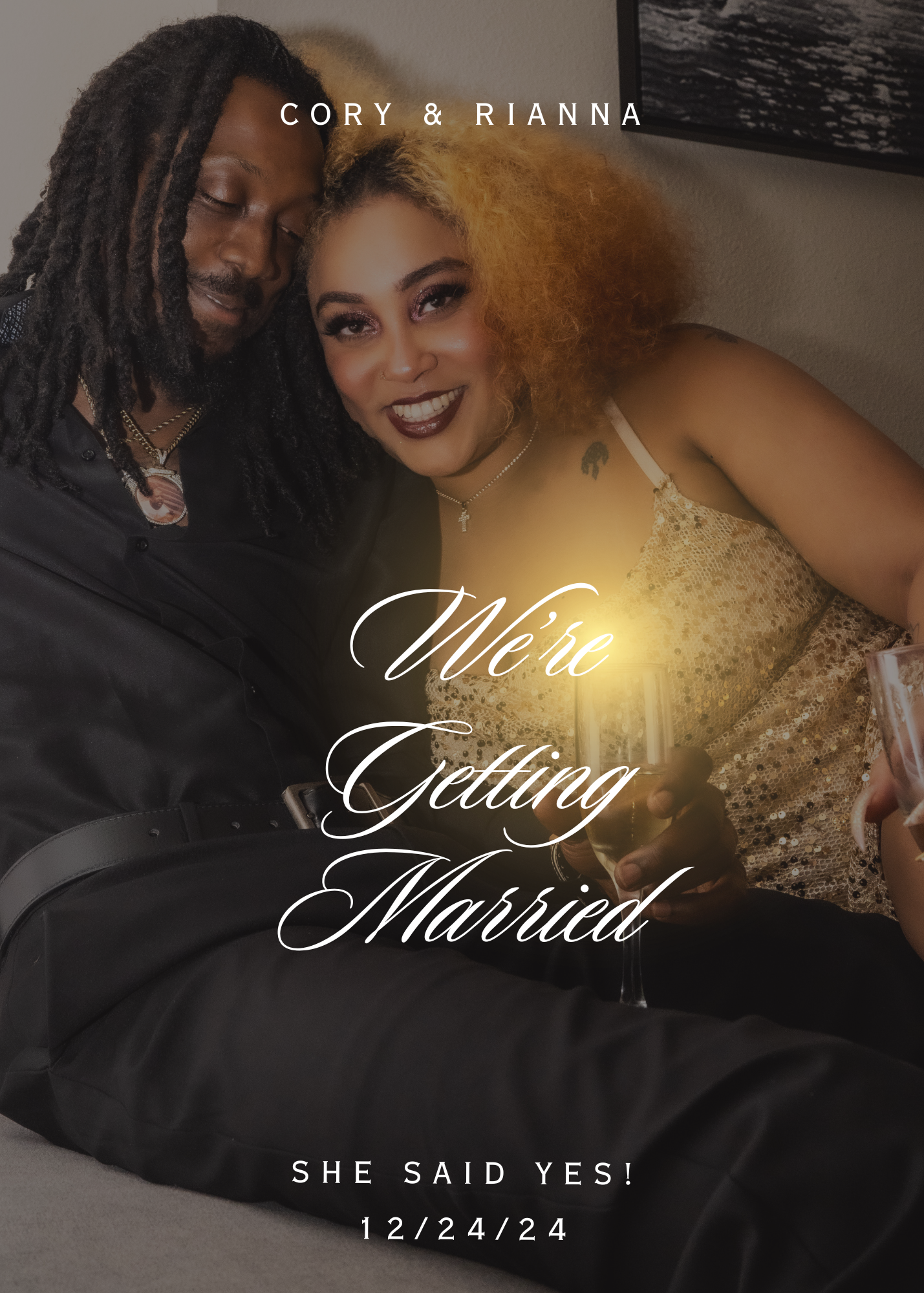 Romantic engagement announcement photo showing couple embracing with text overlay 